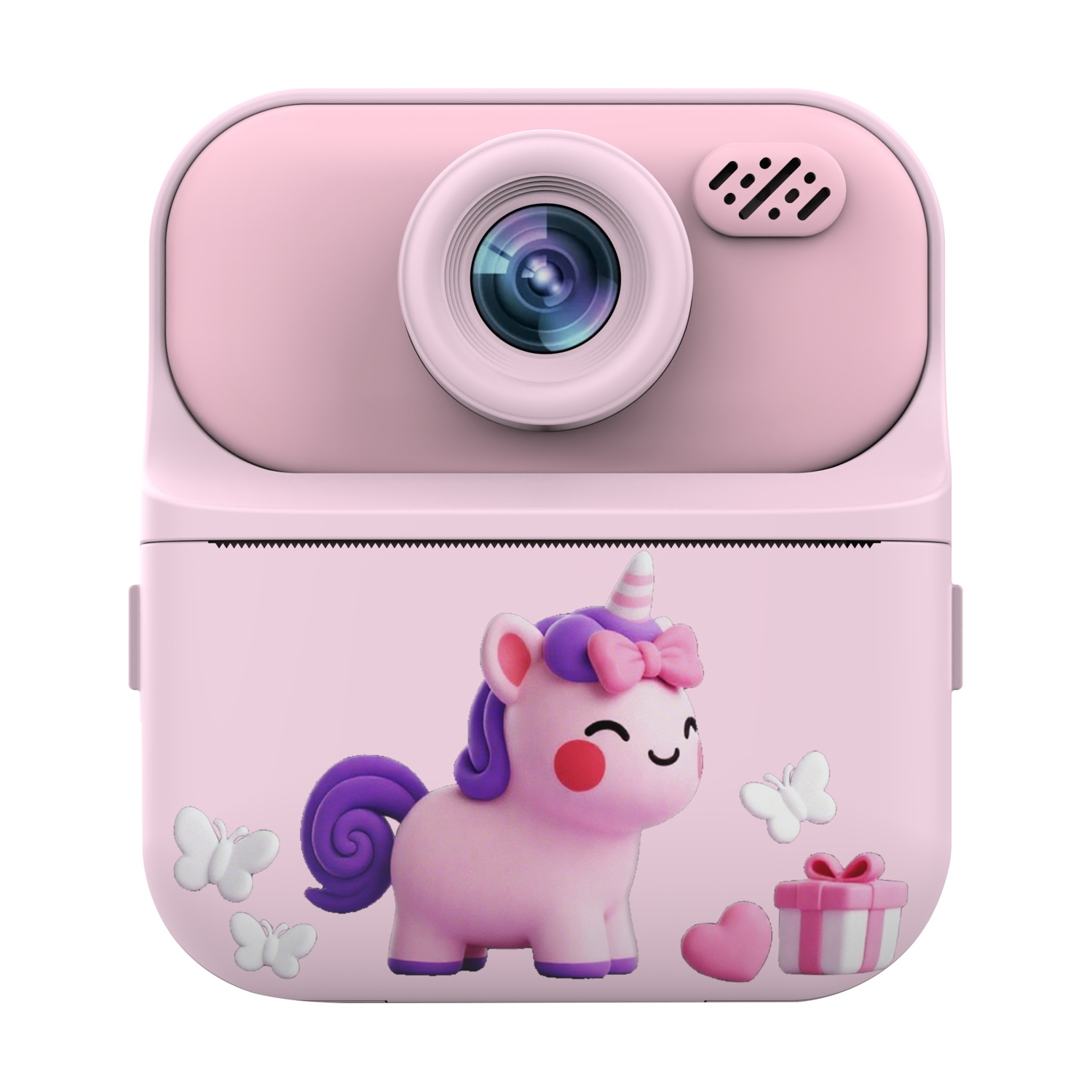 Una fotocamera rosa con design unicorno, obiettivo, altoparlante e funzione di stampa.
