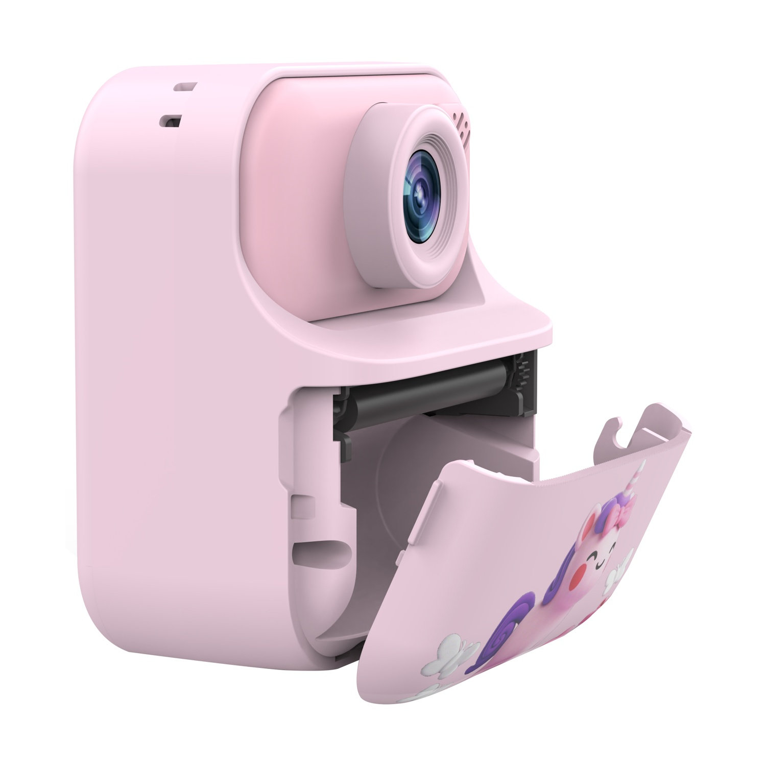 Fotocamera digitale rosa con unicorno dei cartoni animati sul coperchio aperto, sfondo bianco.