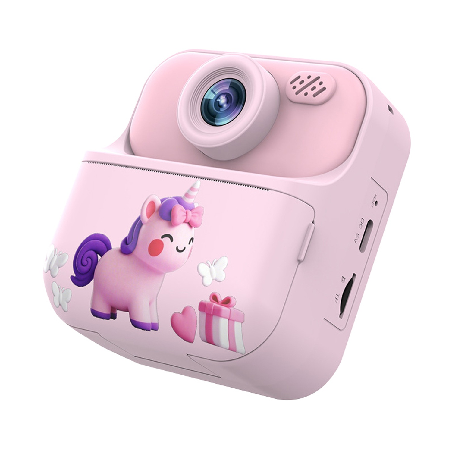Una fotocamera rosa con disegno di unicorno, regalo e farfalle.