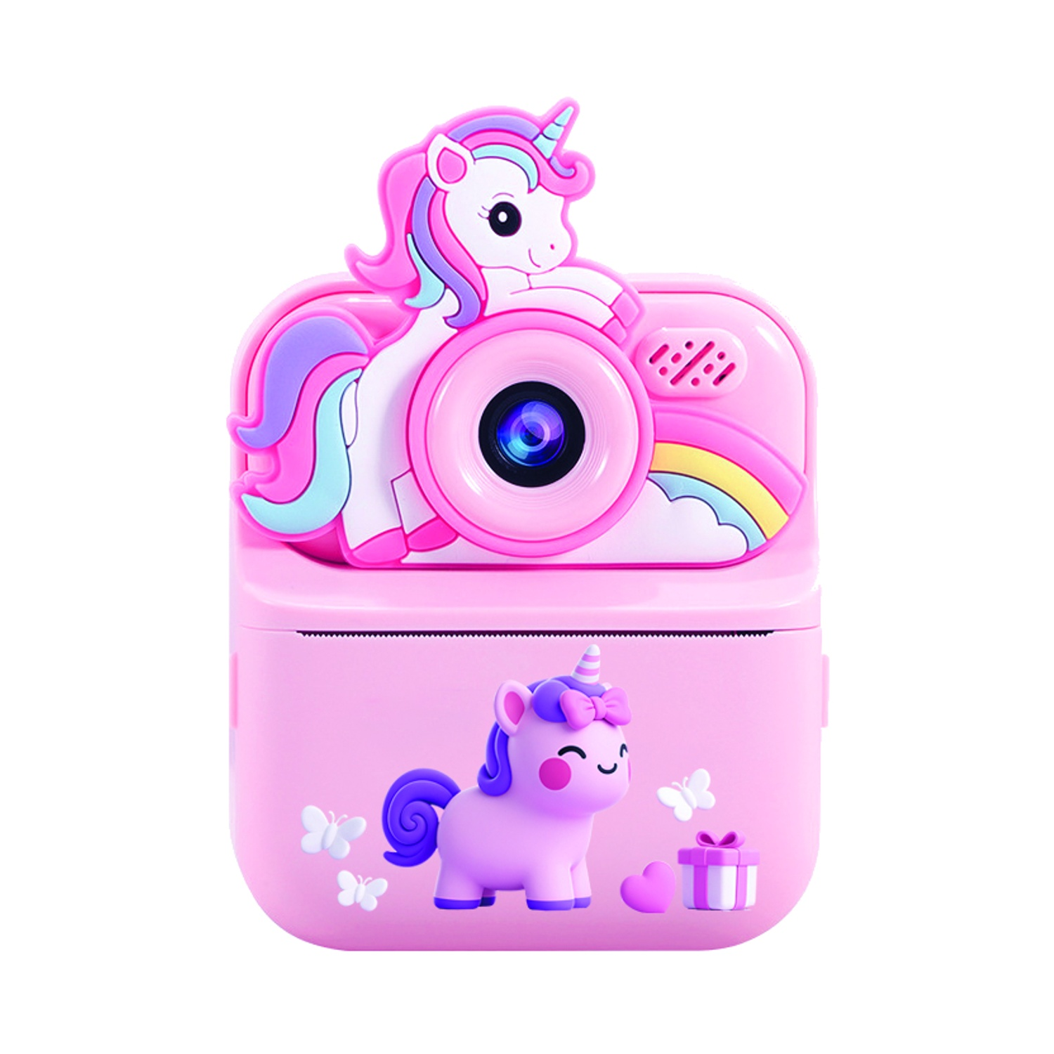 Fotocamera rosa con decorazione unicorno, arcobaleno e un piccolo unicorno sul davanti.