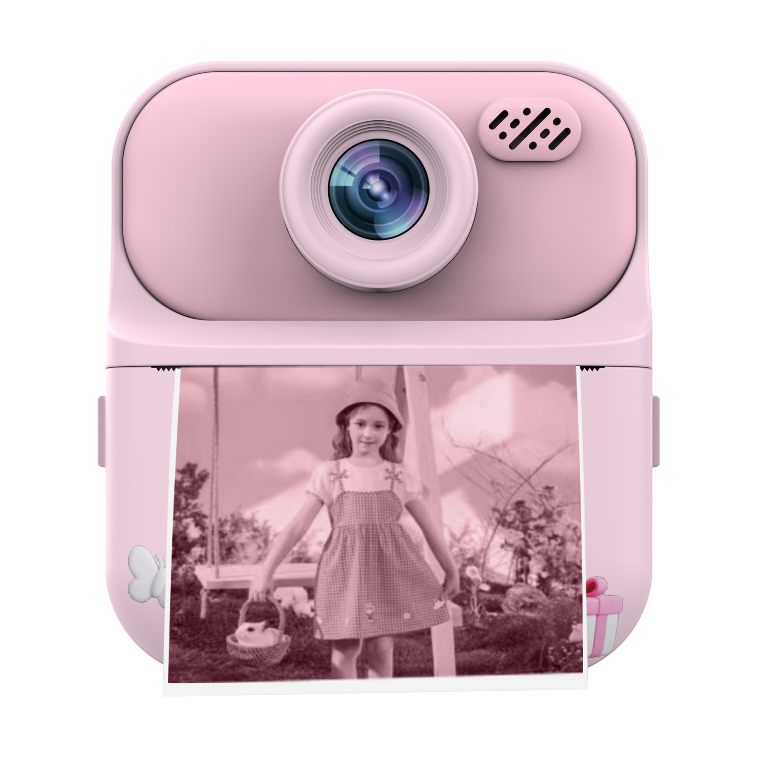 Una fotocamera digitale rosa stampa una foto di una ragazza con un cesto su un'altalena.