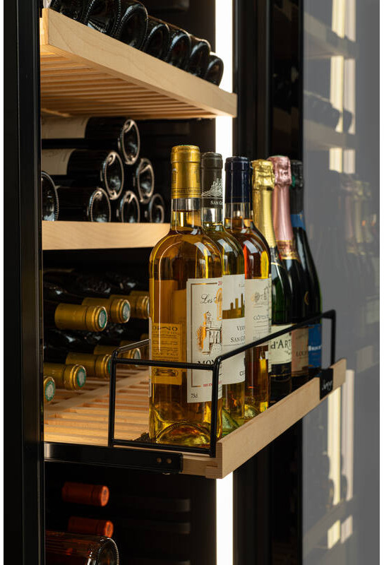 Weinregal mit verschiedenen Flaschen Weißwein, Champagner und Rotwein.