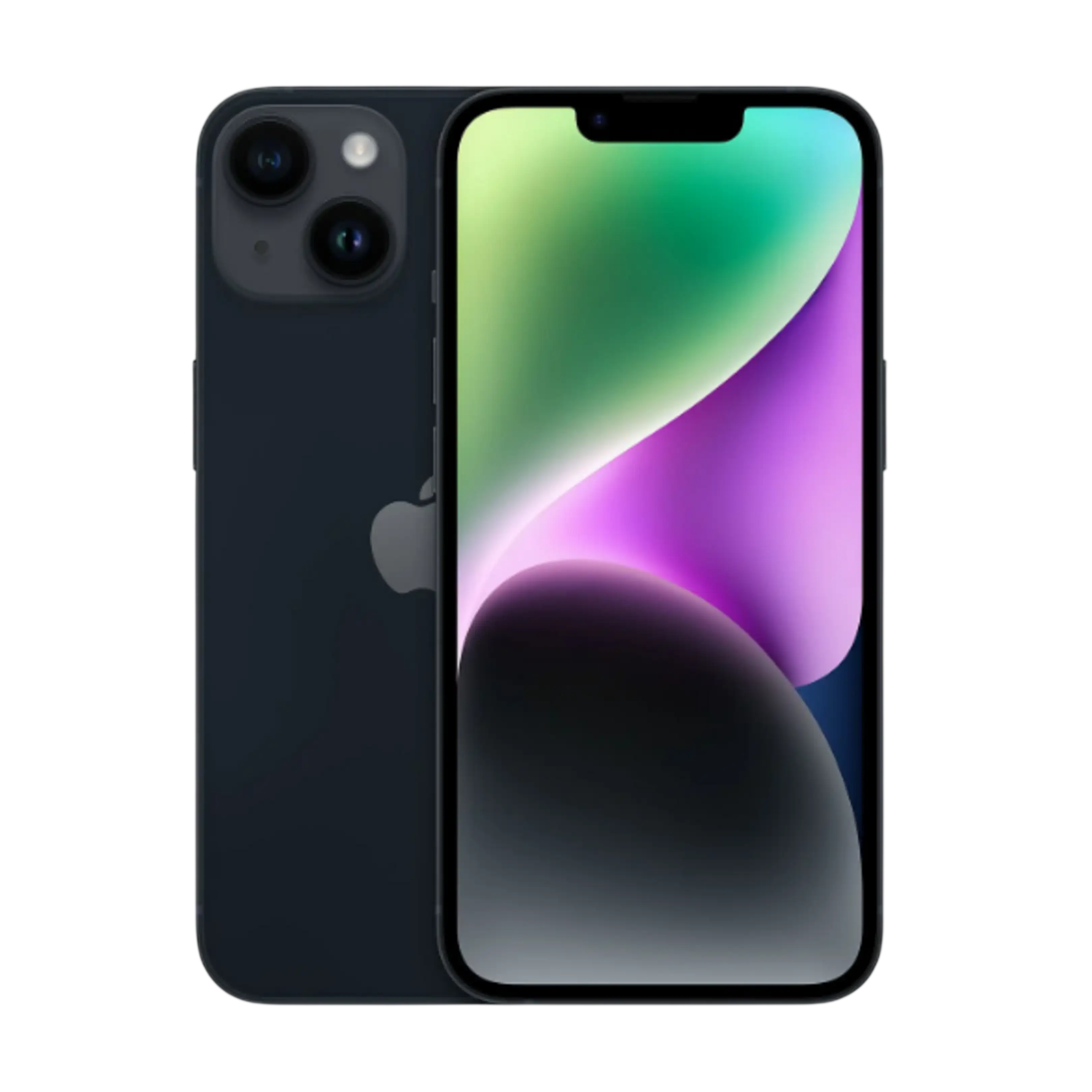 Siyah arka plan üzerinde çift kameralı koyu renkli iPhone ve parlak, geçişli ekran.