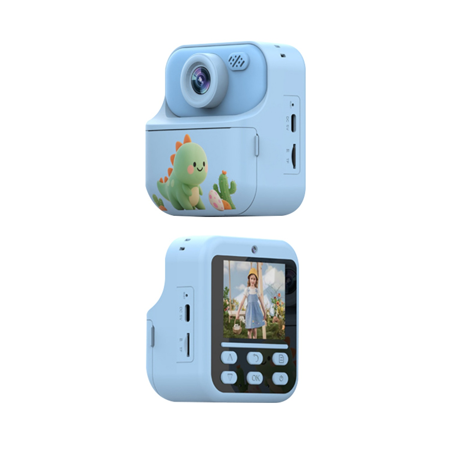 Una fotocamera digitale azzurra con disegno di dinosauro e cactus.