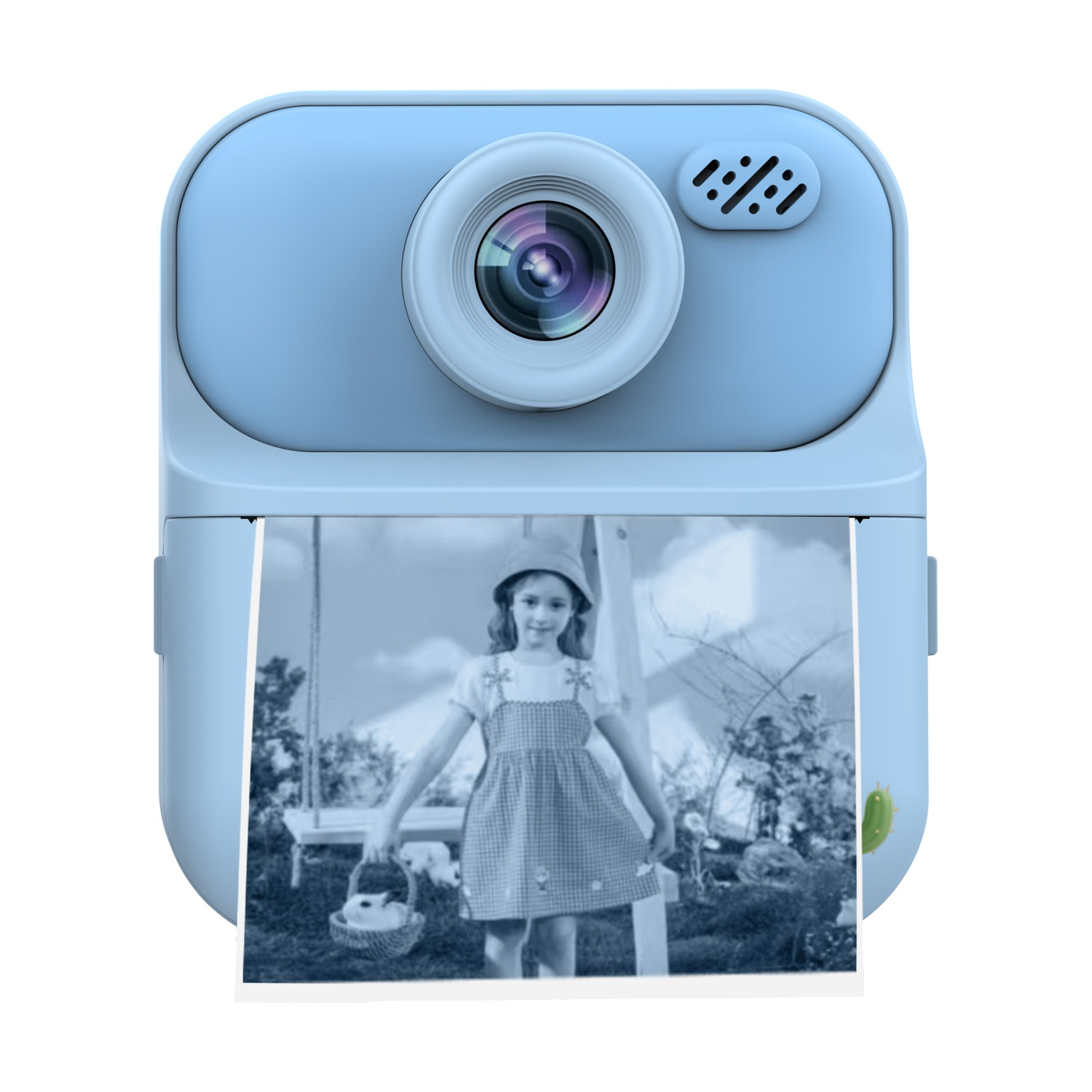 Una fotocamera istantanea blu stampa una foto di una bambina con cesto e altalena in giardino.