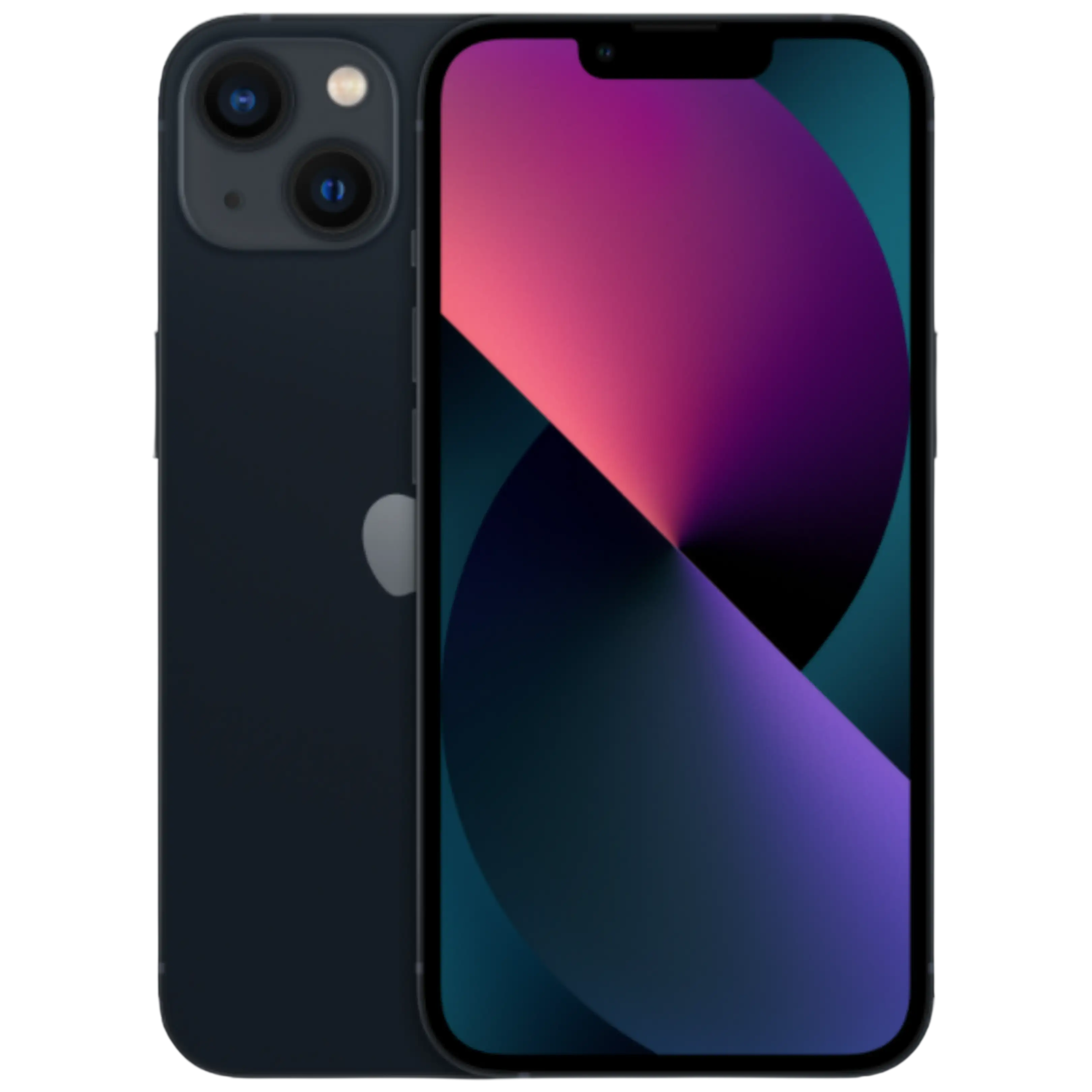 İki kameralı koyu mavi iPhone ve mor/mavi duvar kağıdı.