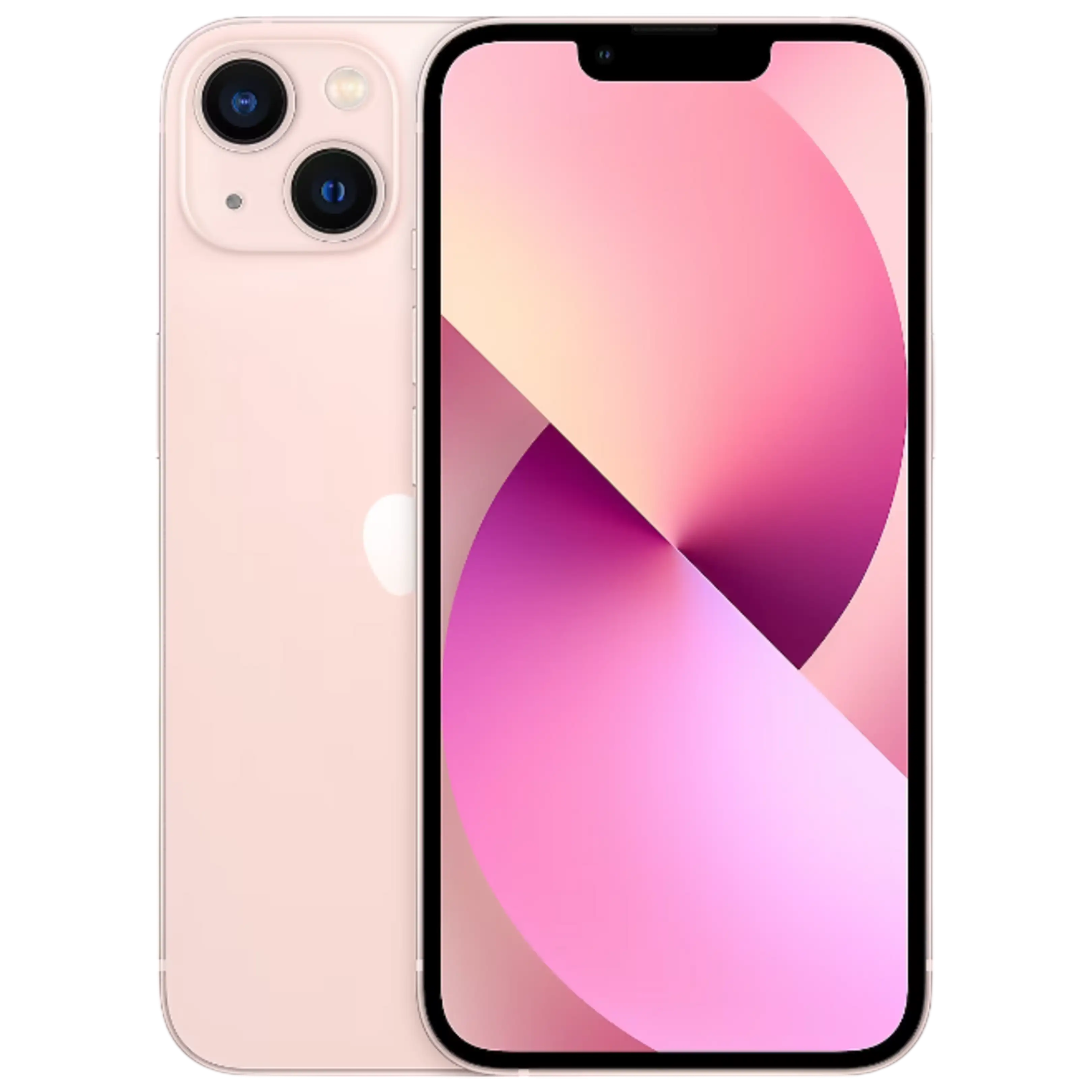 Pembe iPhone 13, çift kamerası ve ekrandaki pembe duvar kağıdı.