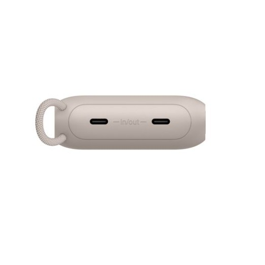 İki USB-C bağlantı noktasına ve bir halkaya sahip açık kahverengi, dikdörtgen cihaz.
