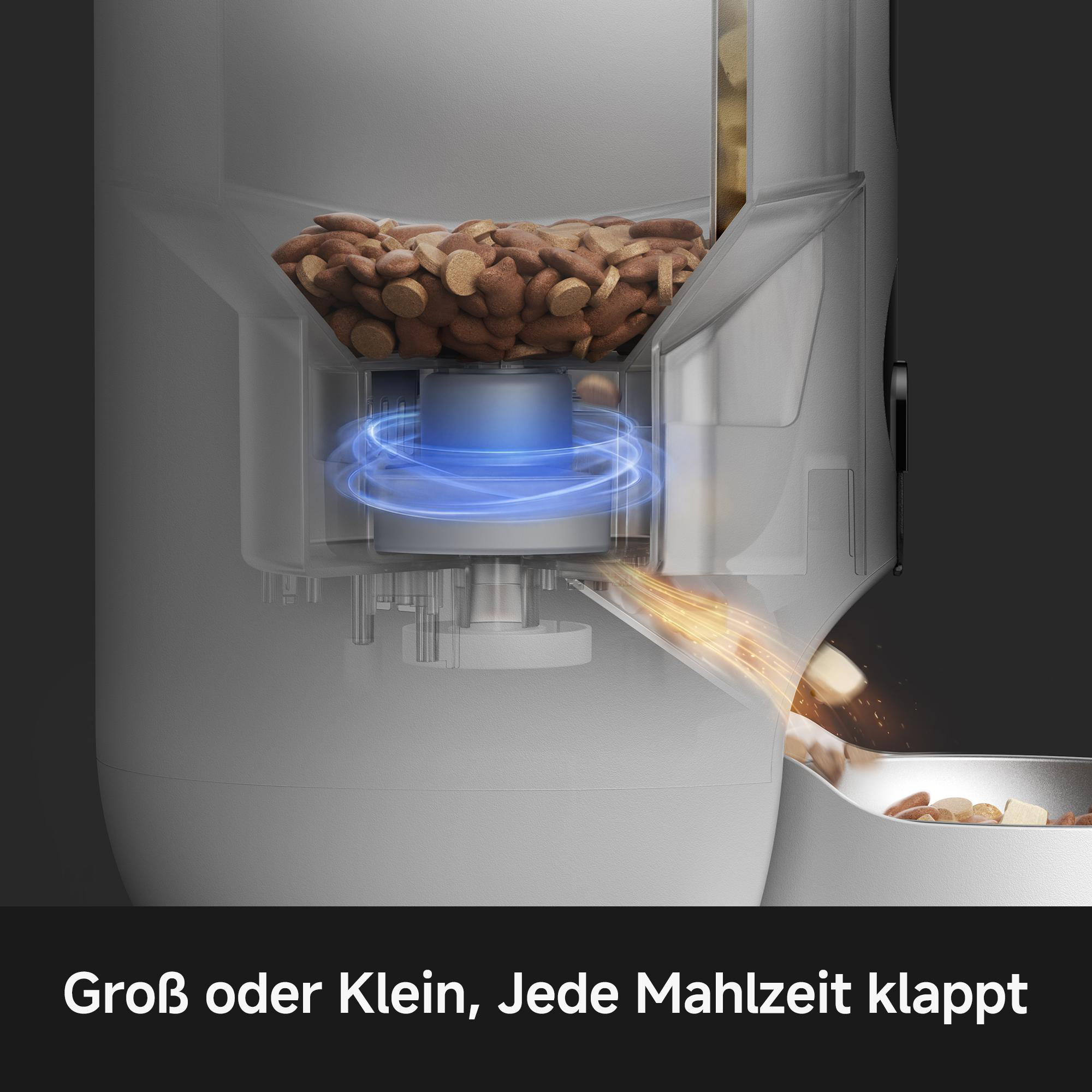 Ein automatischer Tierfutterspender mit Futter, das herausfällt. Blaue Lichter zeigen Aktivität an.