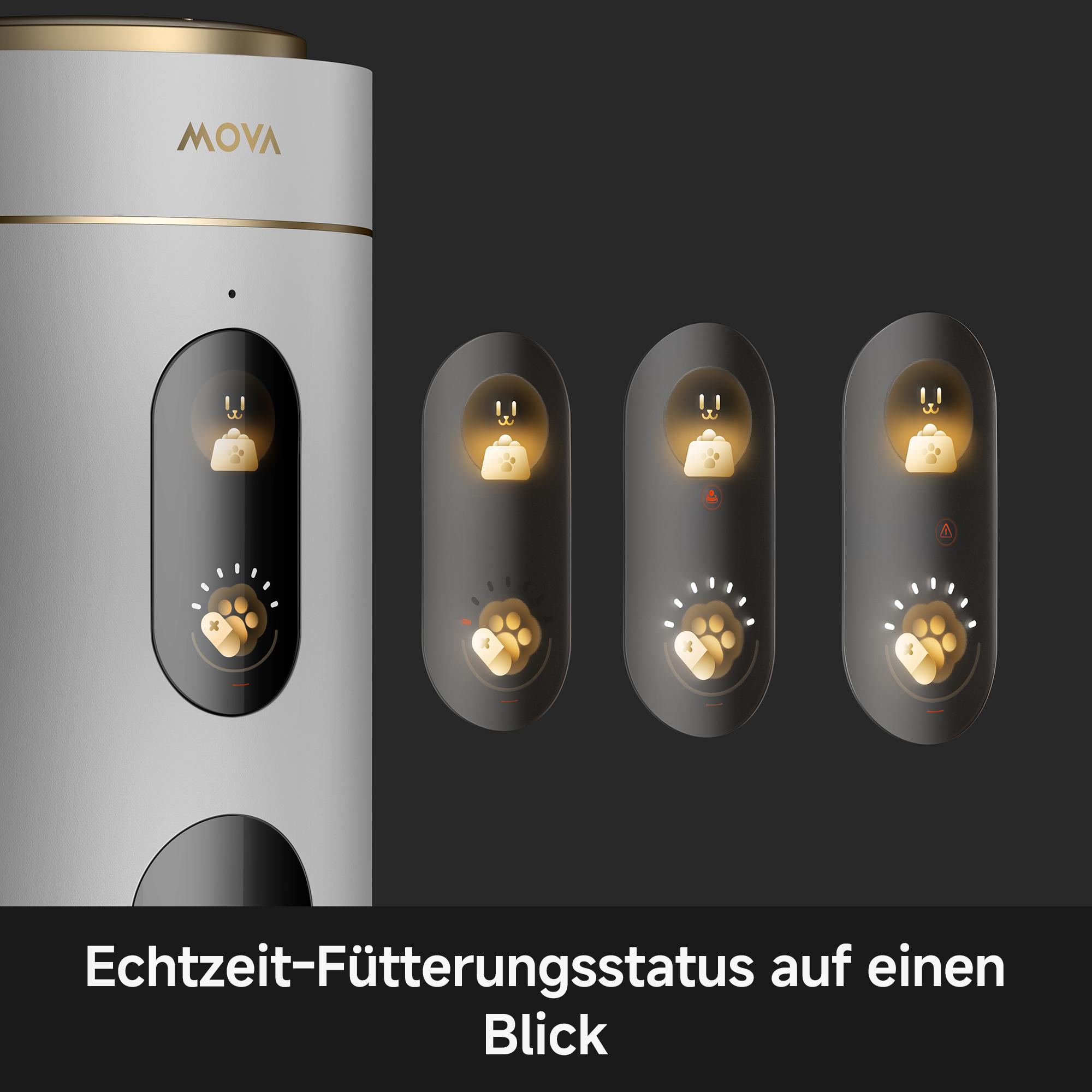 Ein weißer und goldener Tierfutterspender mit einem Bildschirm, der ein Katzen-Gesicht, Futternapf und Pfoten-Symbol zeigt.