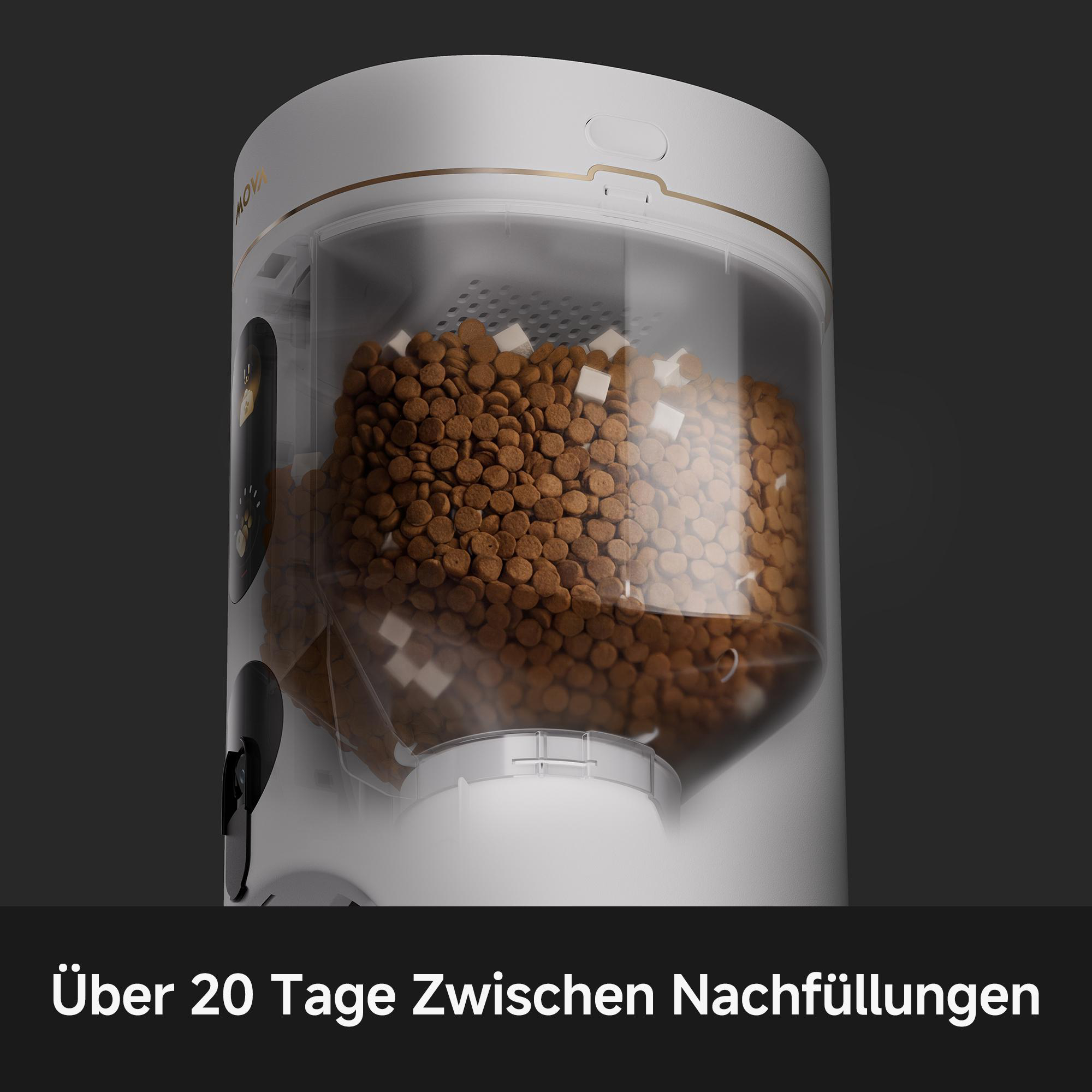 Ein weißer, automatischer Futterspender für Haustiere, gefüllt mit Futter.