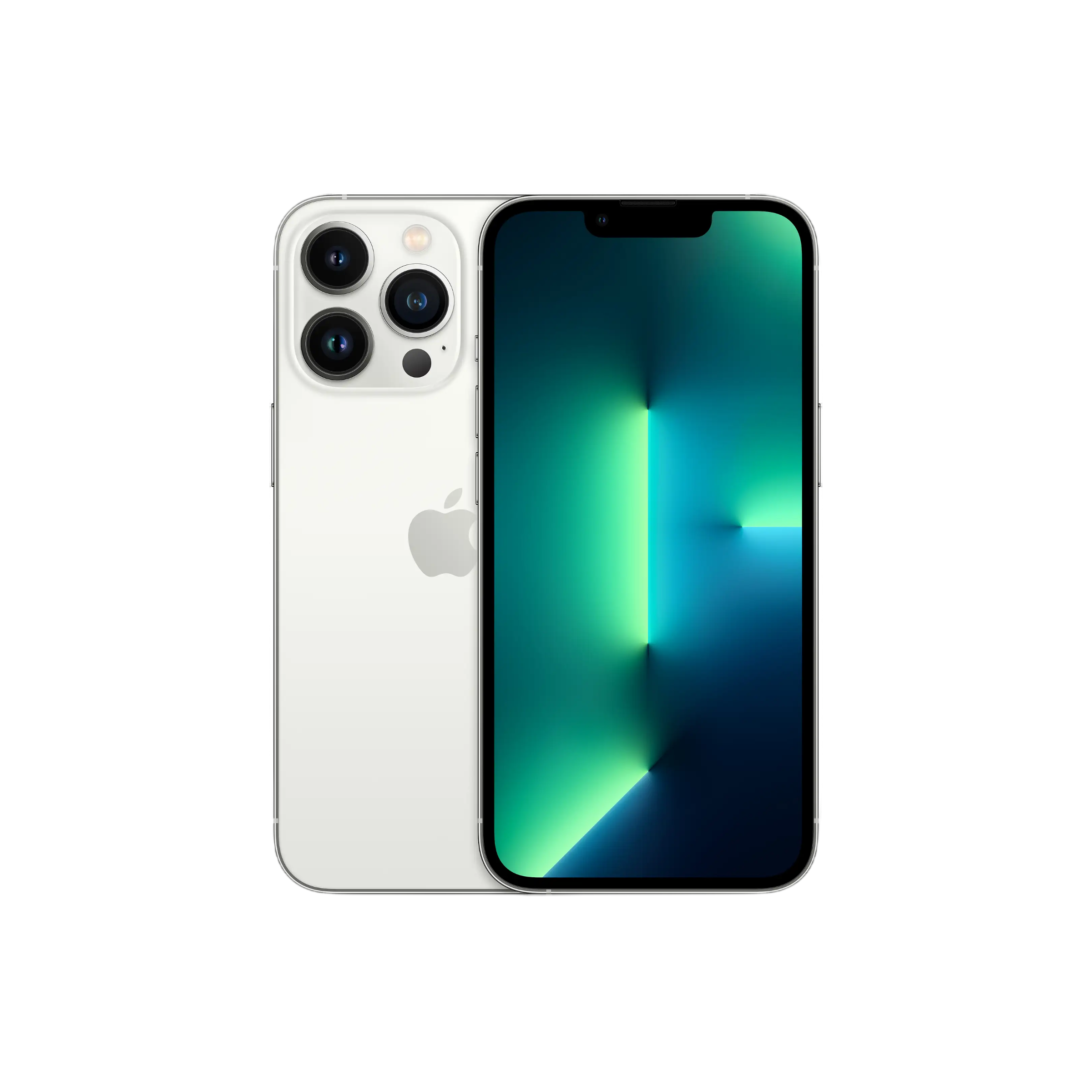 Üç kameralı beyaz iPhone ve ışıklı ekran.