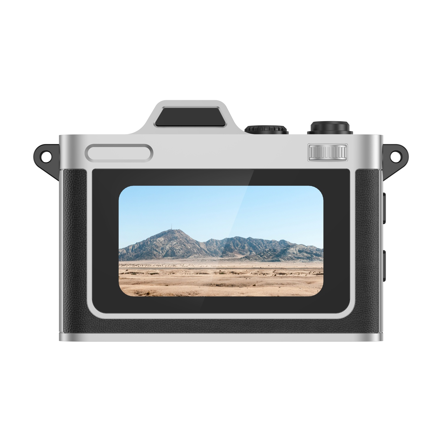 Una fotocamera mostra un paesaggio montano con terra secca e cielo blu.