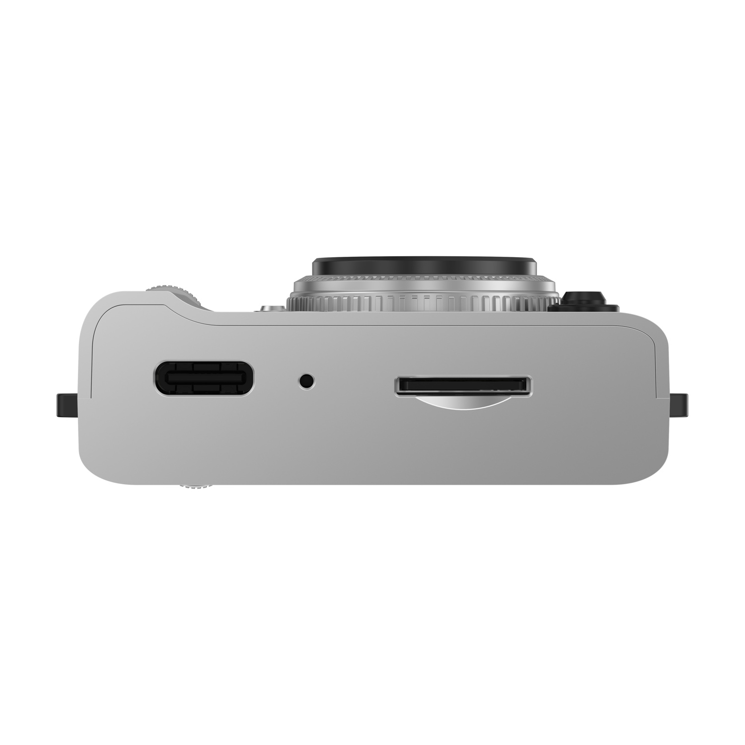 Fotocamera argentata con USB-C, slot SD e obiettivo.