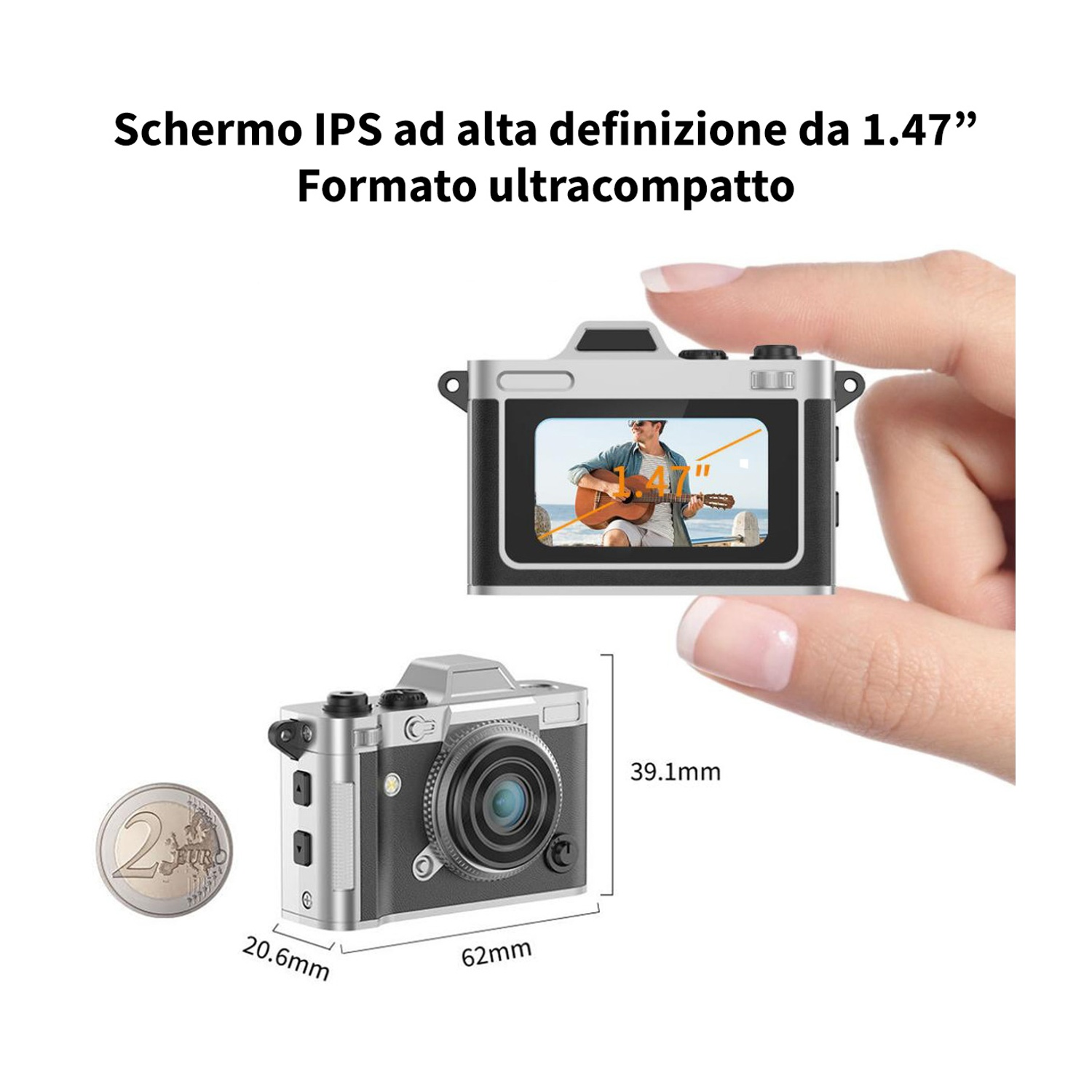 Fotocamera compatta con schermo IPS da 1,47 pollici, accanto a una moneta da 2 euro.