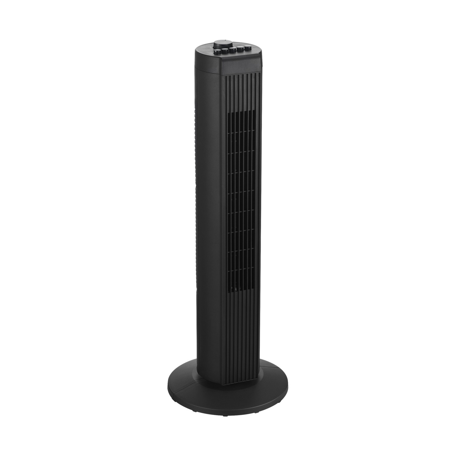 Un ventilatore a torre nero ed elegante con pulsanti in cima e una base rotonda.