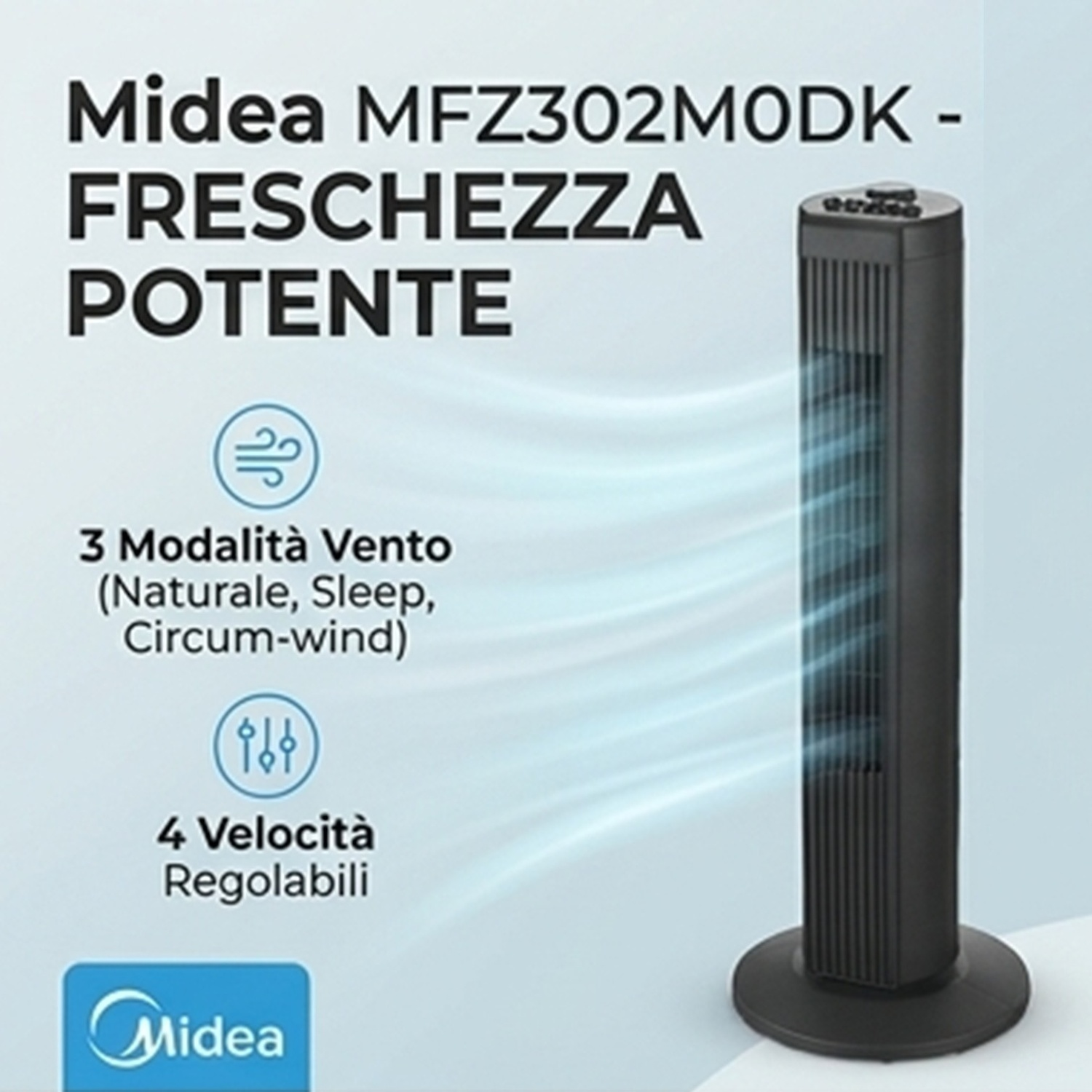 Ventilatore a torre Midea nero con testo su 3 modalità vento e 4 velocità.