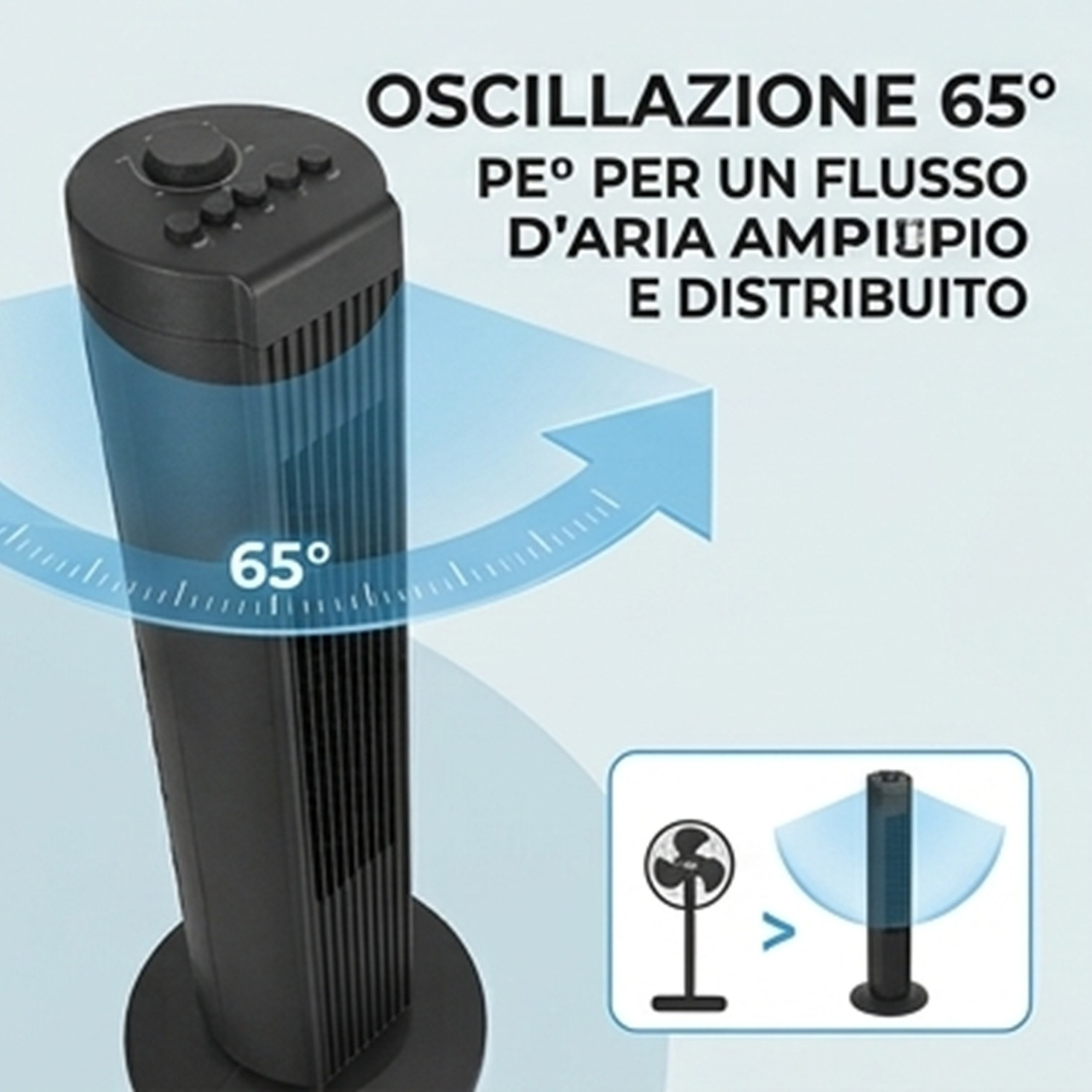 Ventilatore a torre nero con oscillazione 65° per ampia distribuzione.