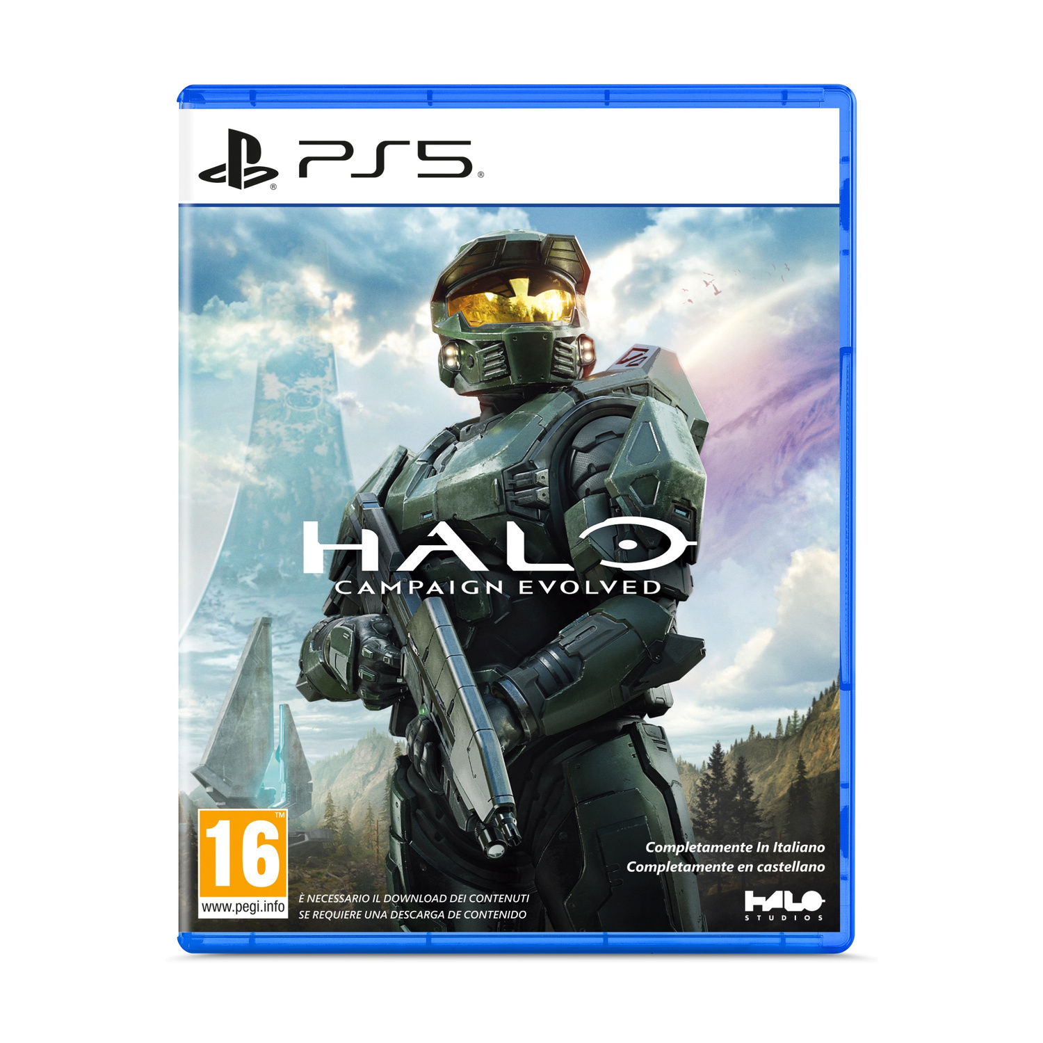 Copertina gioco PS5: Master Chief in armatura tiene un fucile, con logo Halo e rating PEGI 16.