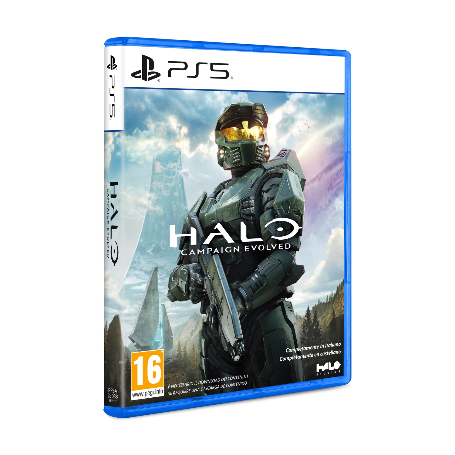 Custodia del gioco Halo: Campaign Evolved PS5 con Master Chief e strutture futuristiche.