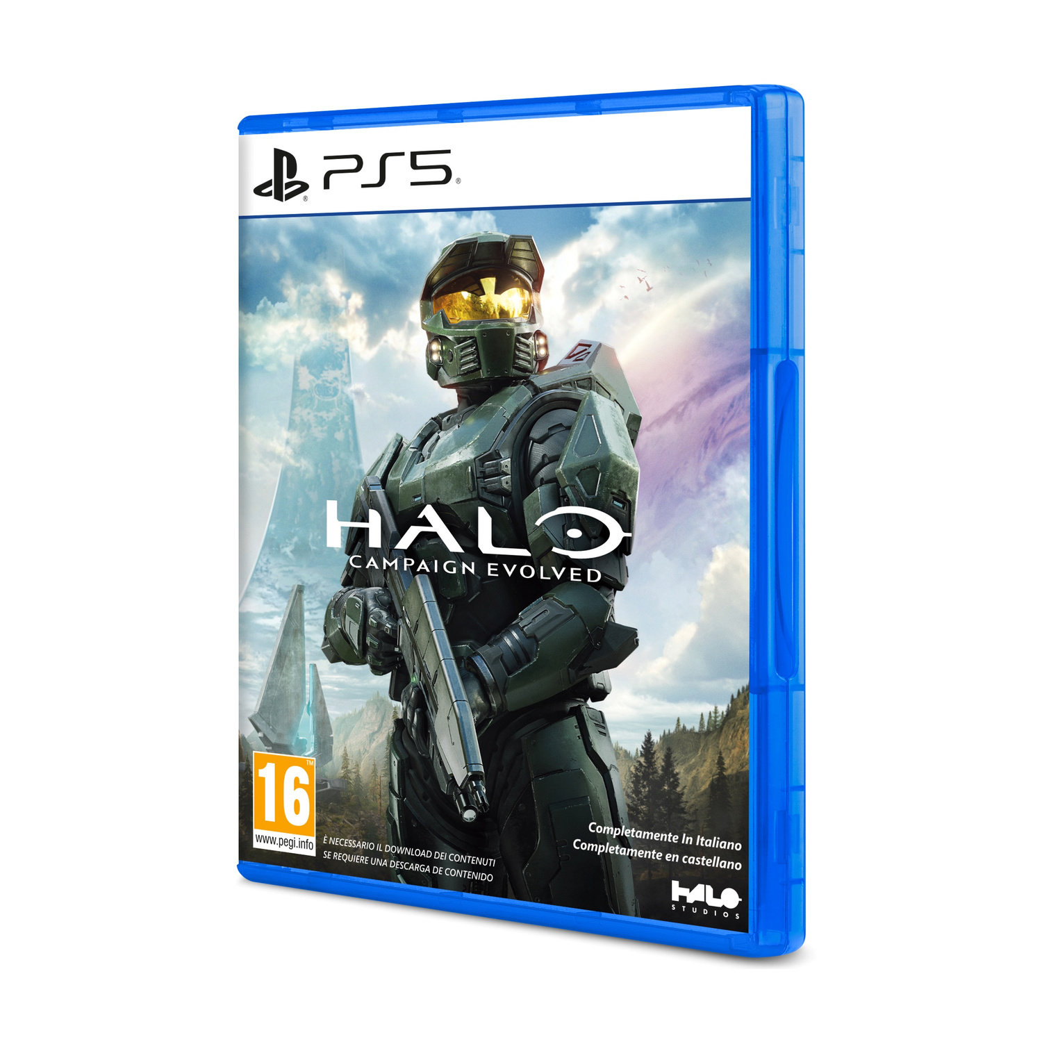 Custodia gioco PS5 Halo Campaign Evolved con Master Chief davanti a una piramide.