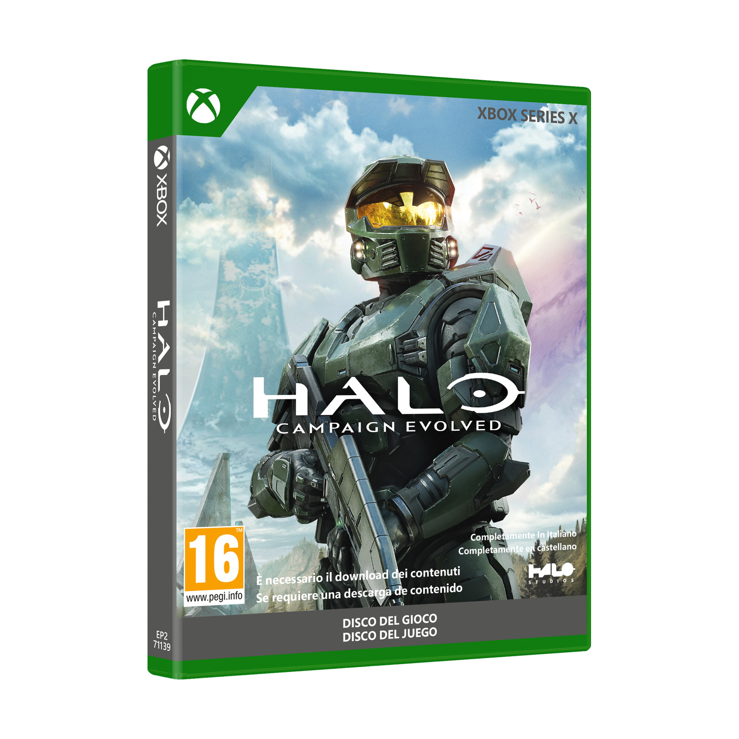 Custodia Xbox Series X con Master Chief in armatura, logo Halo e cielo nuvoloso.