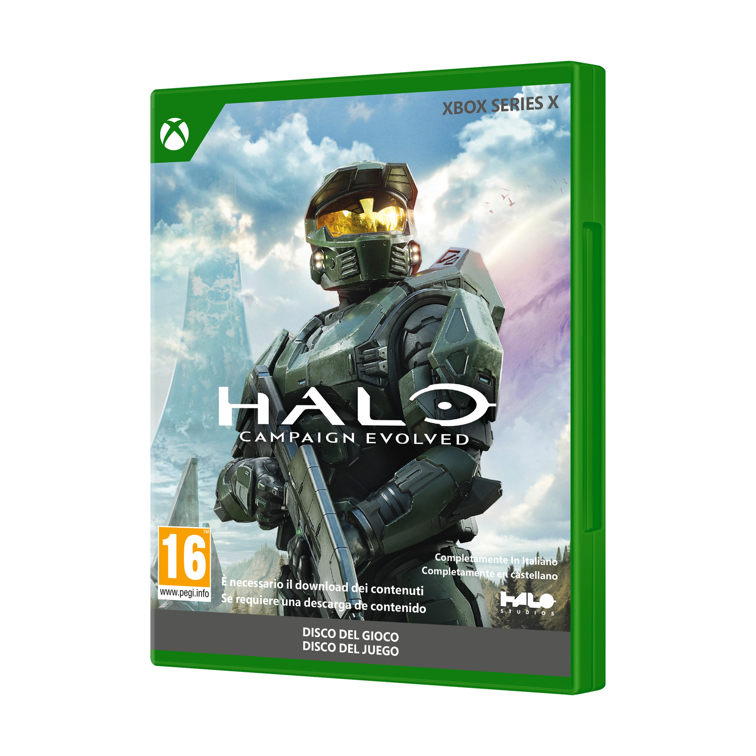 Custodia del gioco Halo Infinite per Xbox Series X con Master Chief in armatura davanti a una torre.