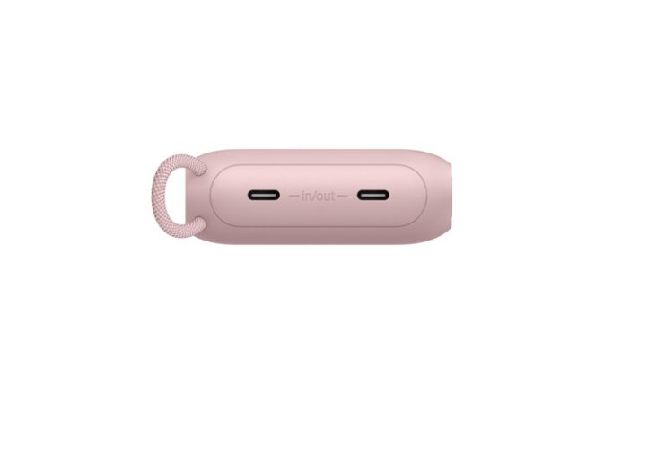 İki USB-C bağlantı noktasına ve halkaya sahip pembe taşınabilir şarj cihazı.