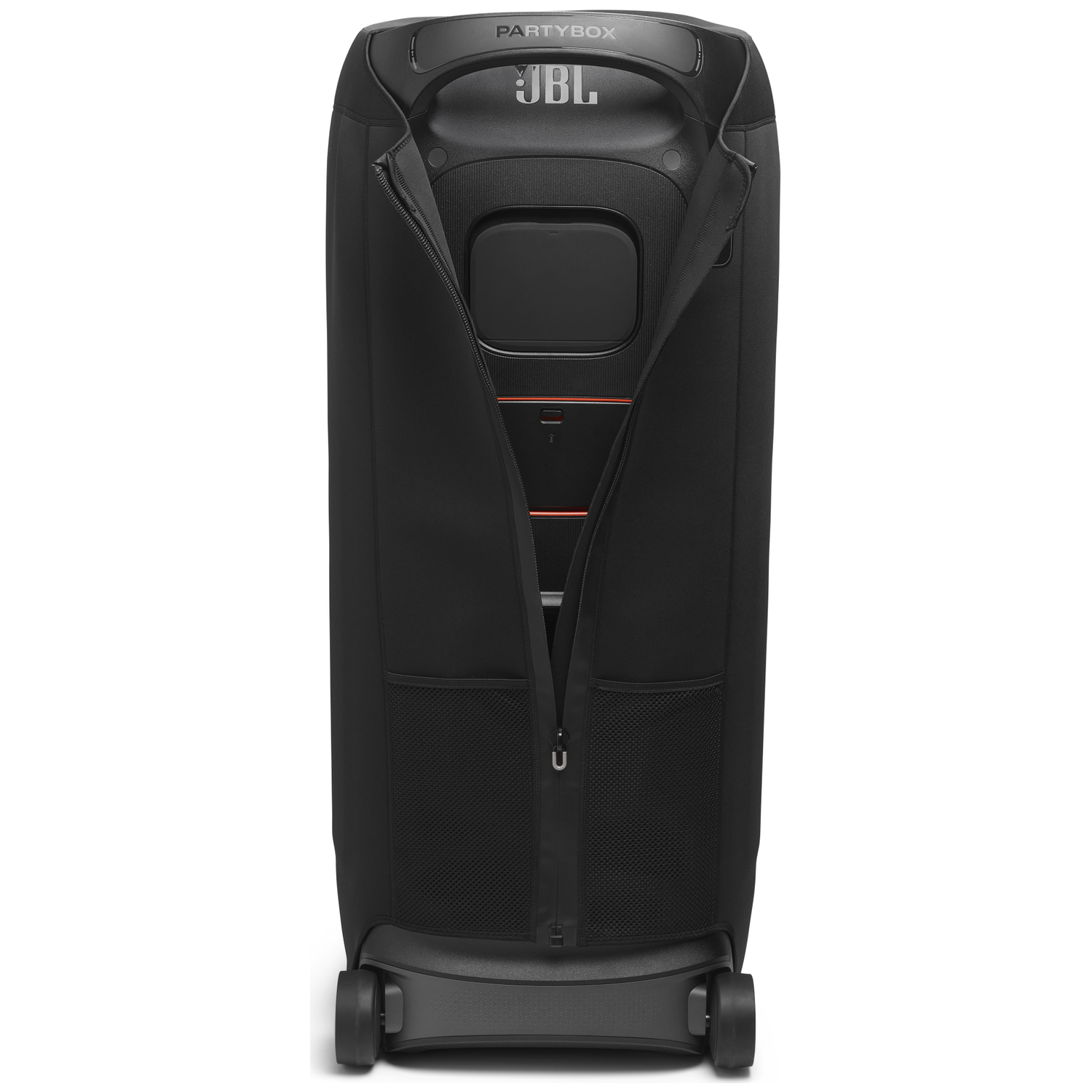 A black JBL Party speaker with wheels, partially unzipped revealing internal components.
