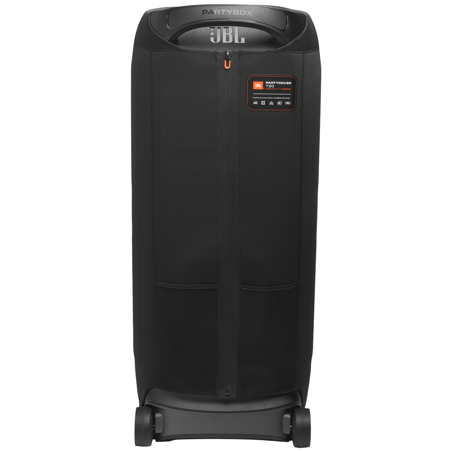 Black JBL Partycover 720 speaker cover with wheels and orange zipper.