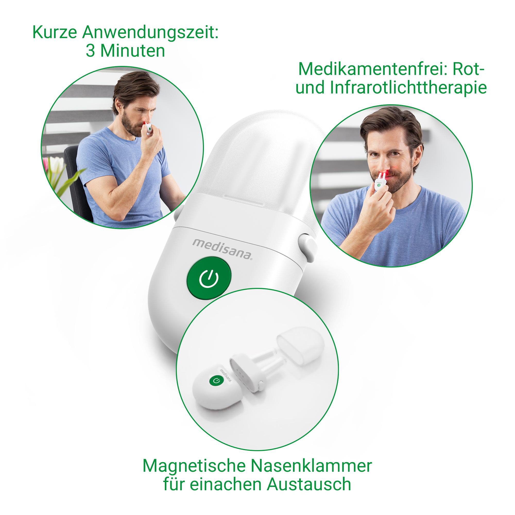 Mann benutzt ein Medisana Nasenlichttherapiegerät mit rotem Licht.