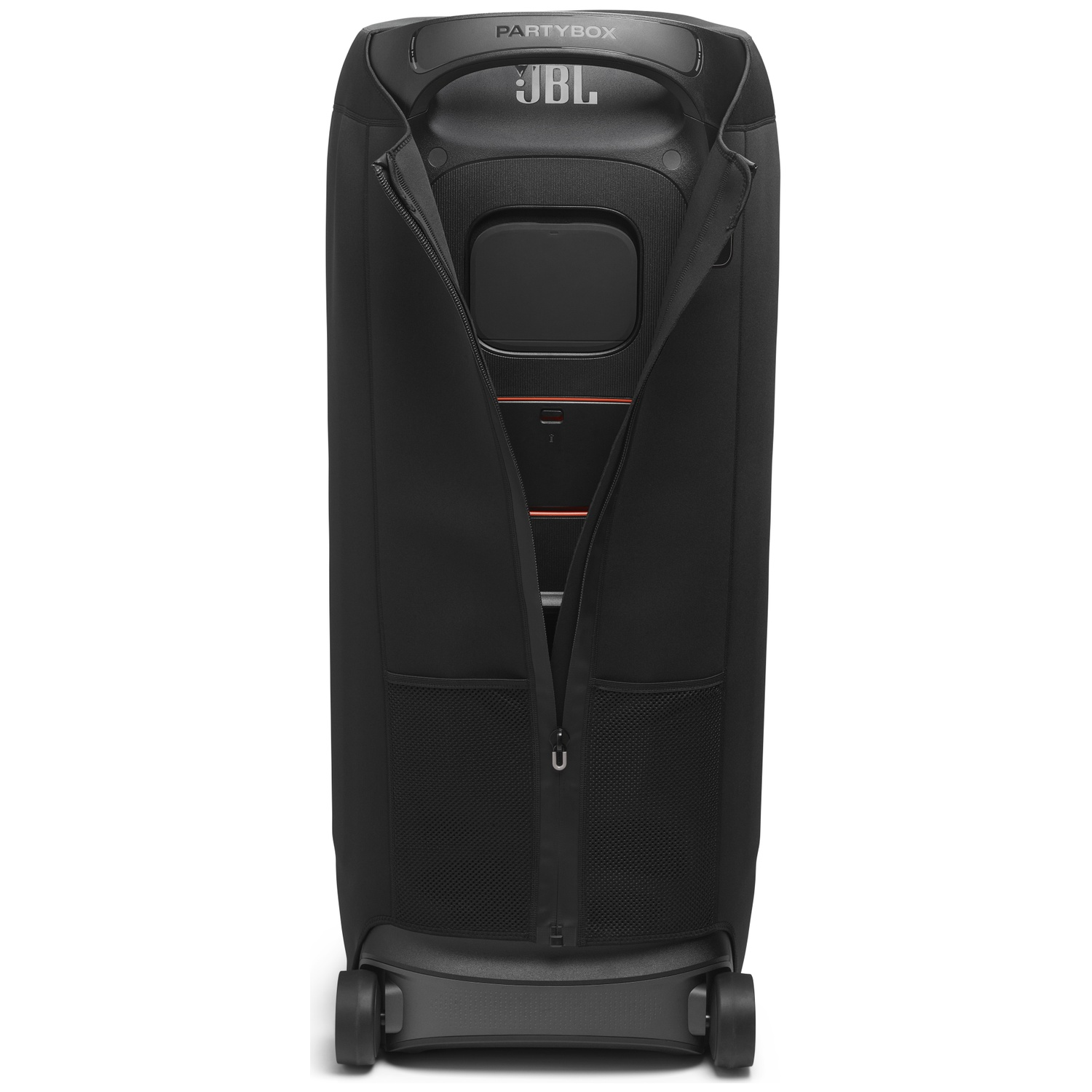 Enceinte JBL Partybox noire avec fermeture éclair et roues.
