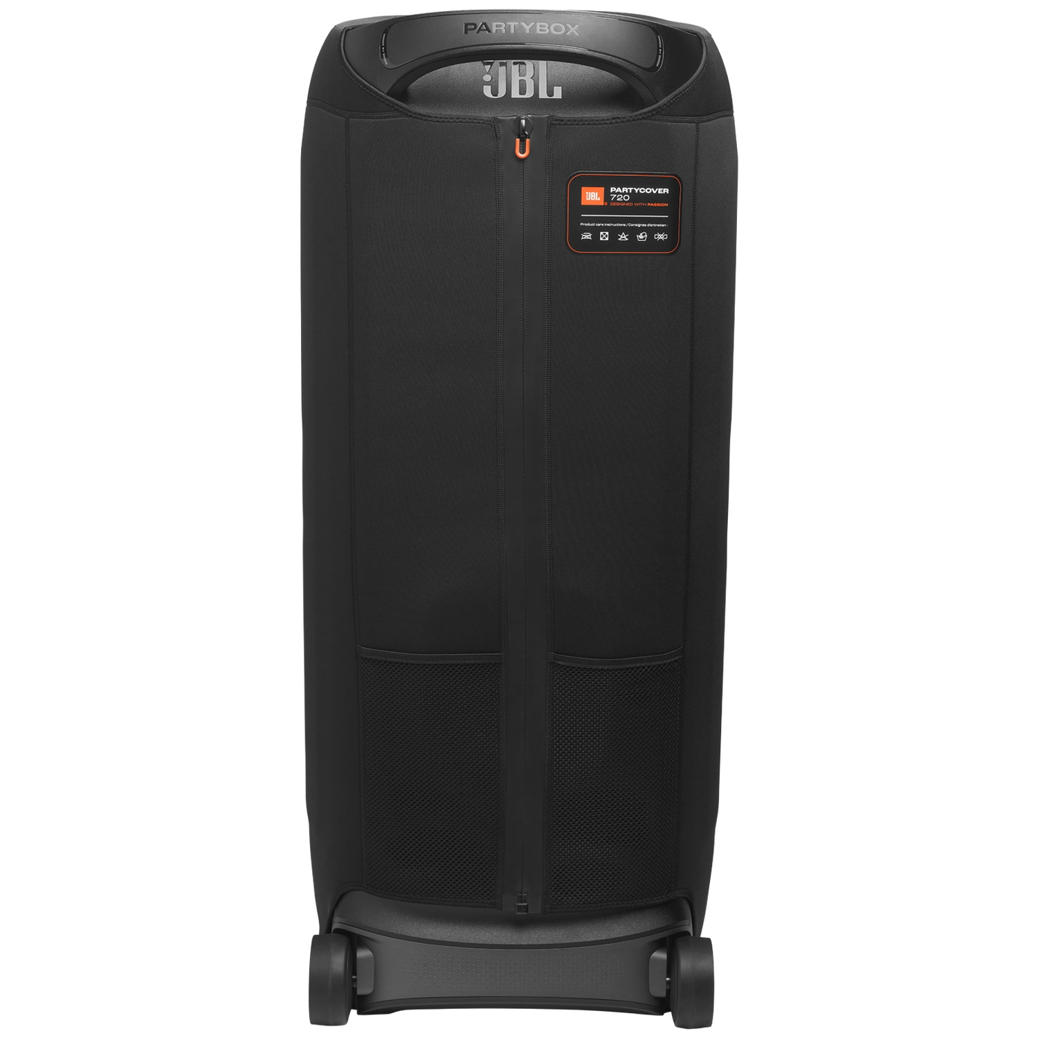Housse noire JBL Partybox 720 avec poignées et roues.