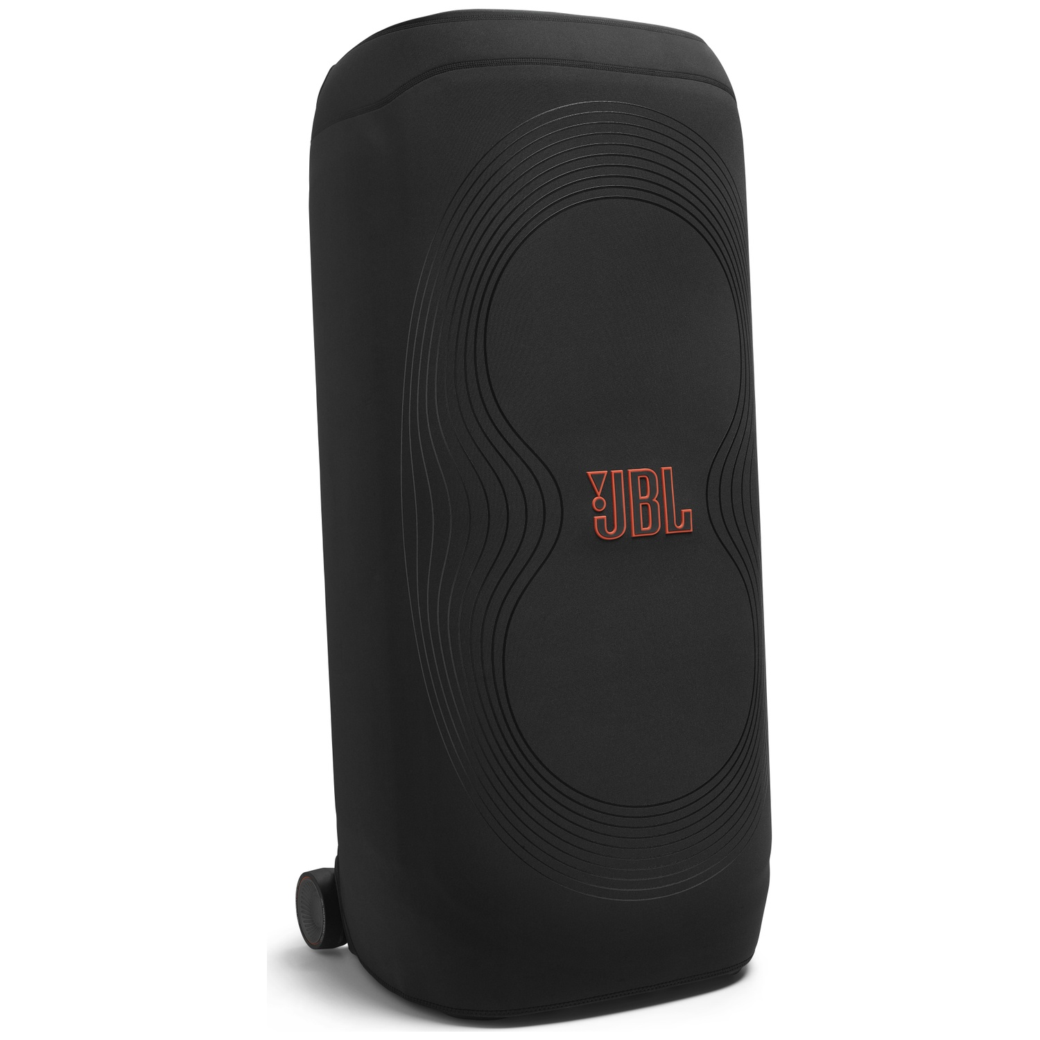 Enceinte portable noire avec logo JBL et motif rainuré sur le devant.