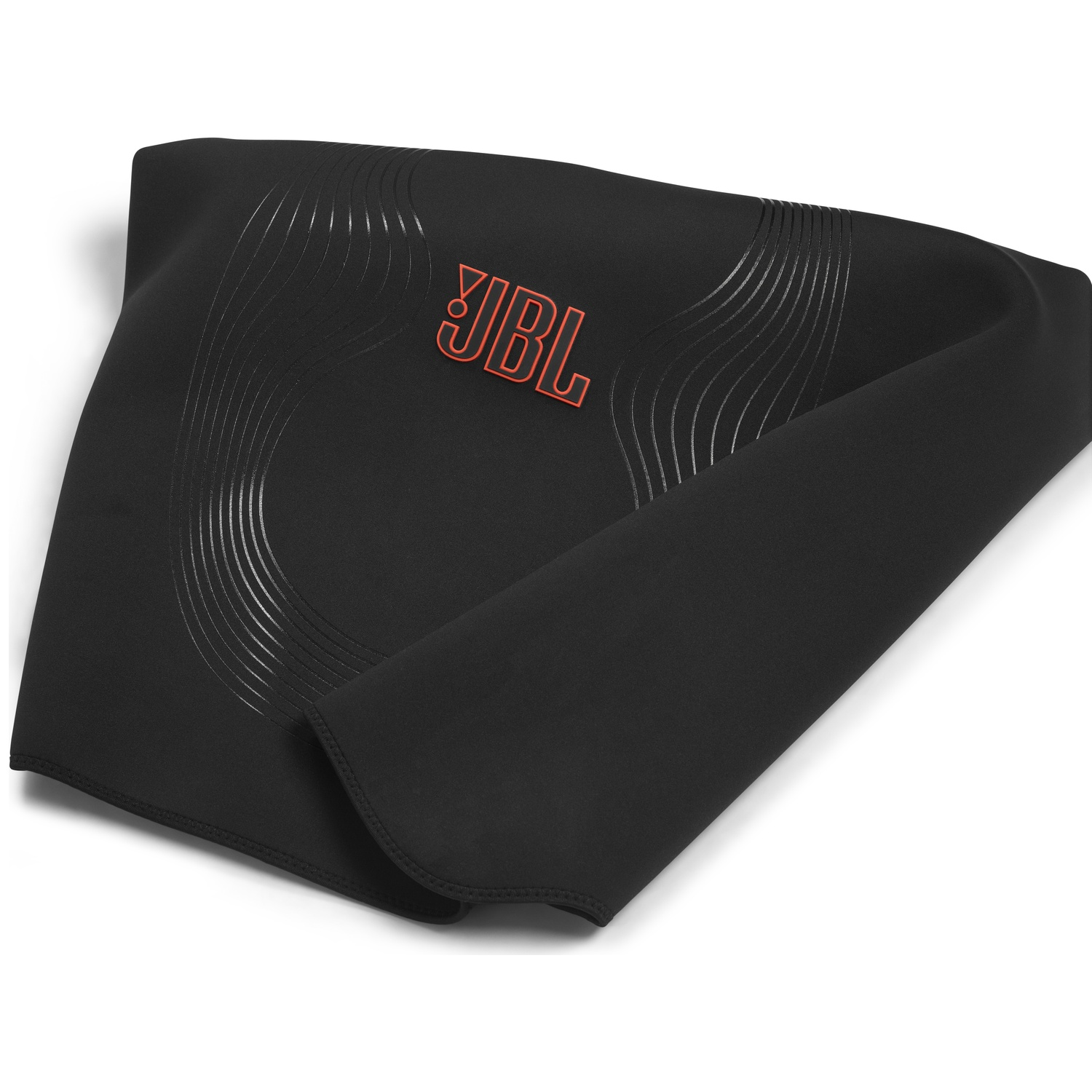 Housse en tissu noir avec logo JBL orange et motif ondulé.