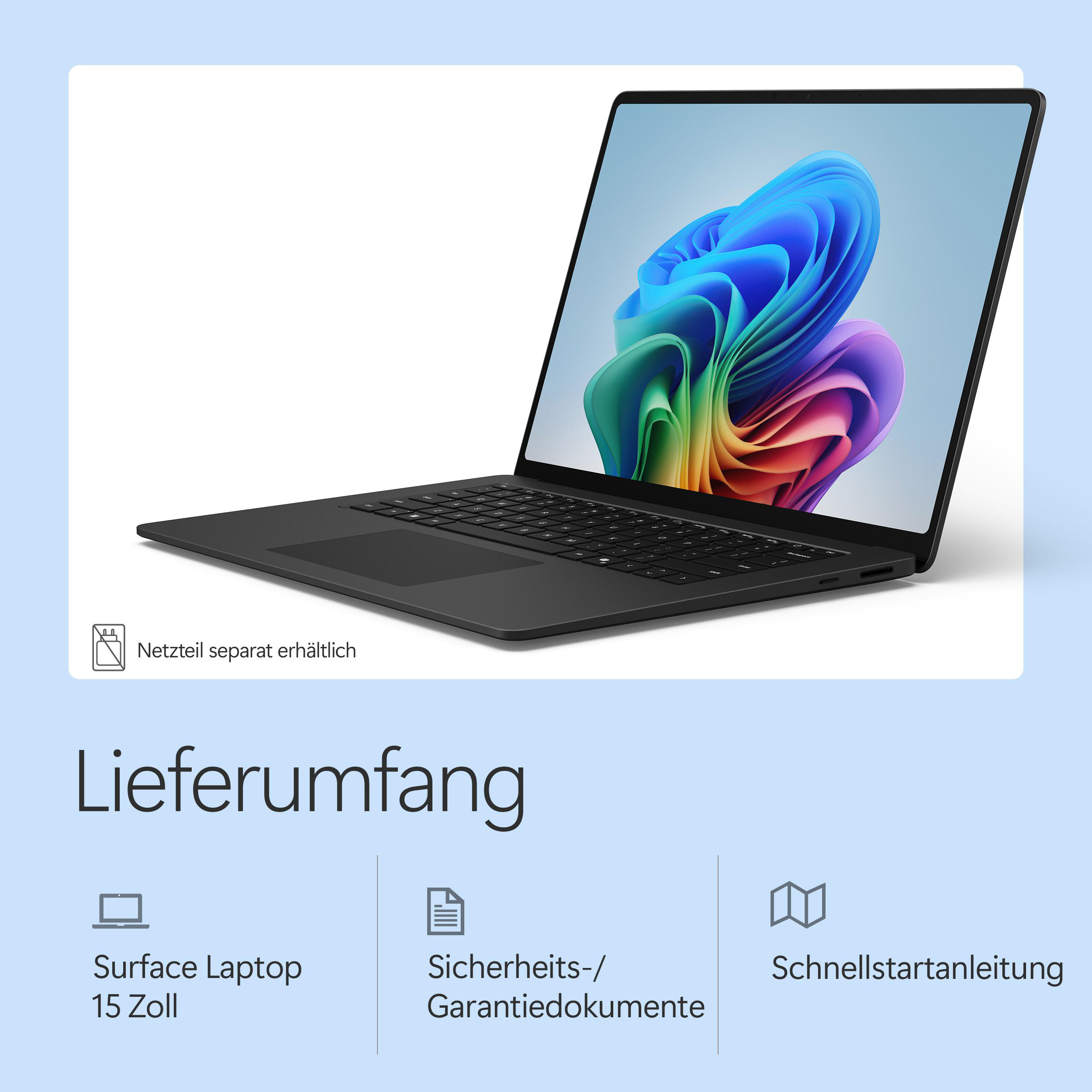 Schwarzer Laptop mit bunter Wallpaper-Grafik. Netzteil separat erhältlich.