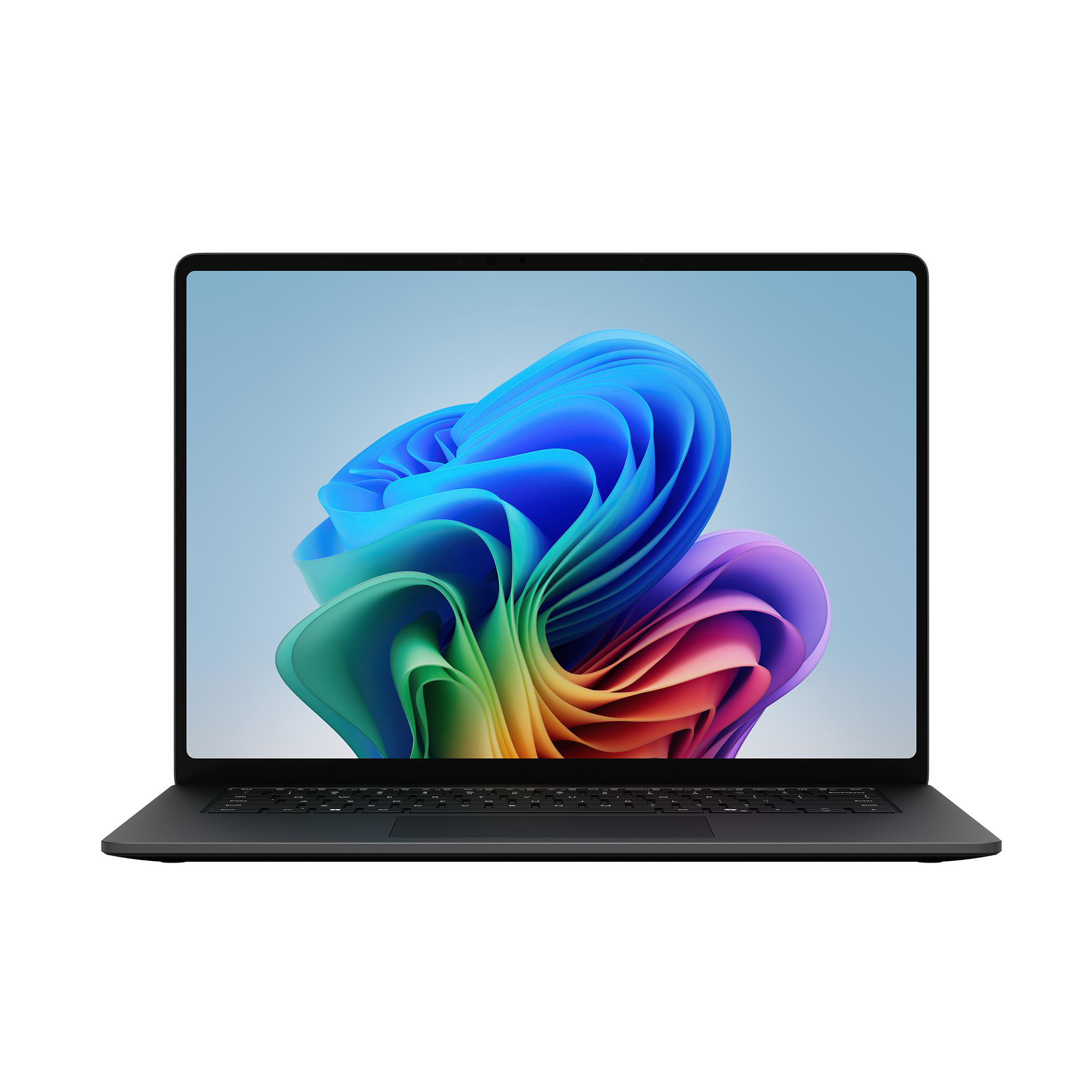 Ein dunkler Laptop zeigt ein farbenfrohes abstraktes Hintergrundbild.