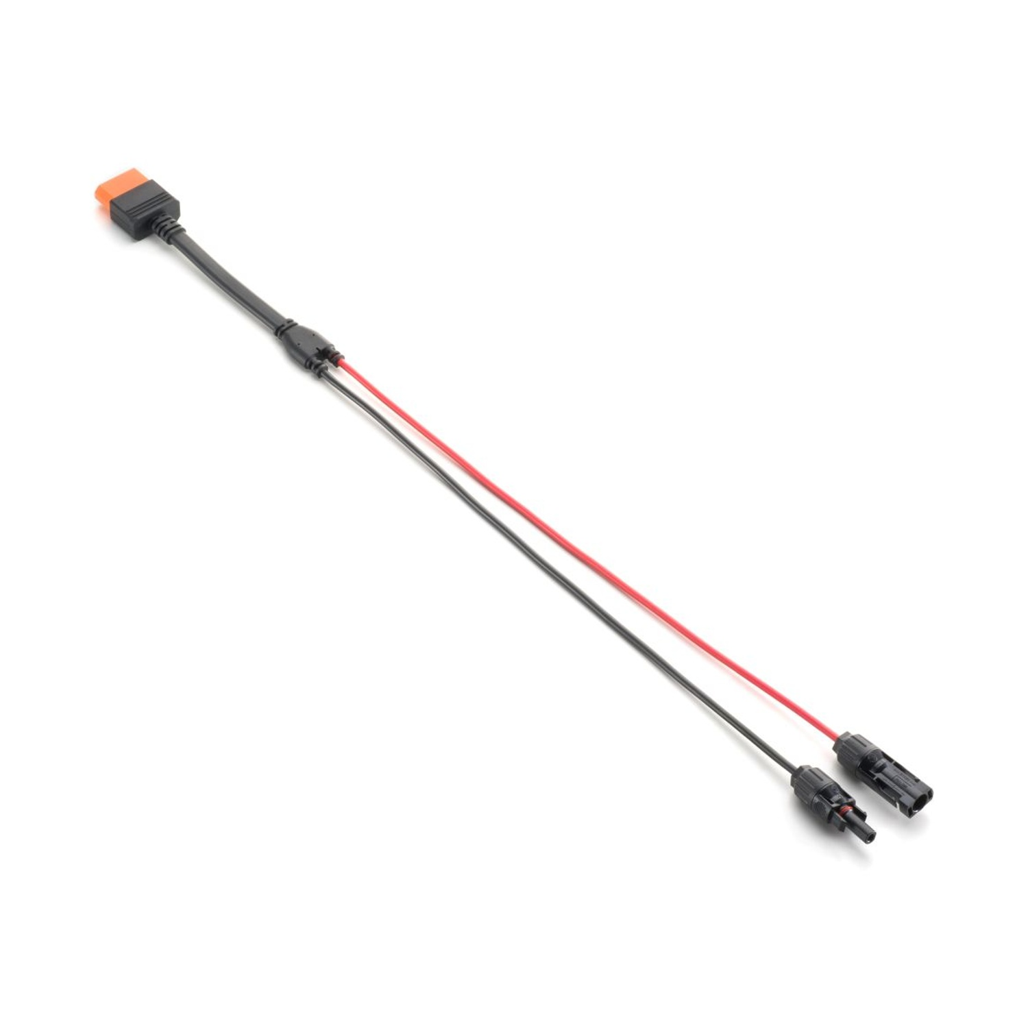 Un cavo nero con connettore arancione si divide in fili rosso e nero con connettori.