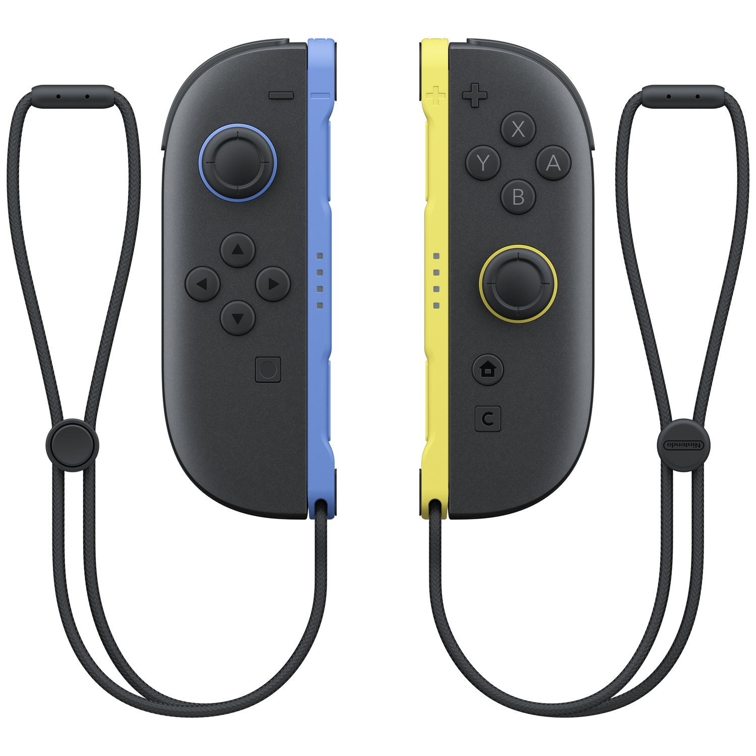 Deux manettes Joy-Con Nintendo Switch, une bleue et une jaune, avec dragonnes.
