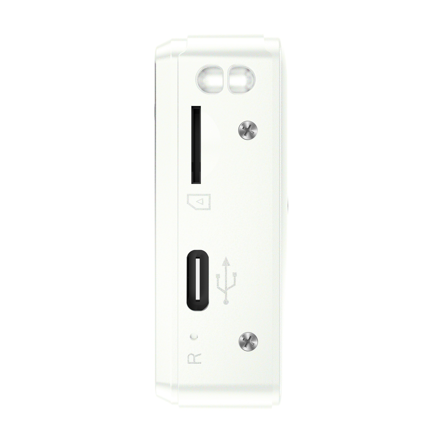 Fotocamera bianca con slot SD, porta USB-C e viti.