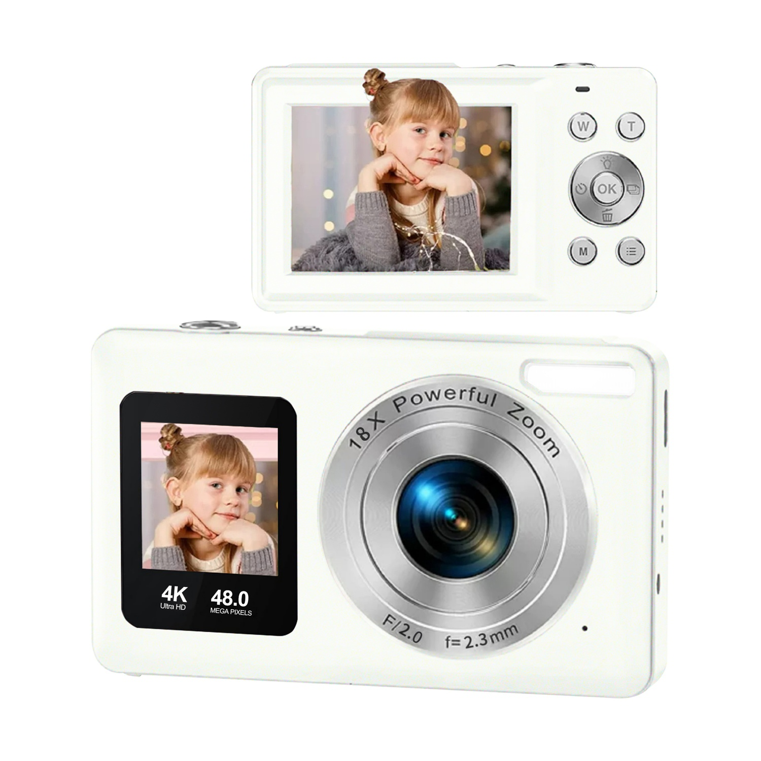 Una fotocamera digitale bianca che mostra la foto di una bambina sullo schermo.