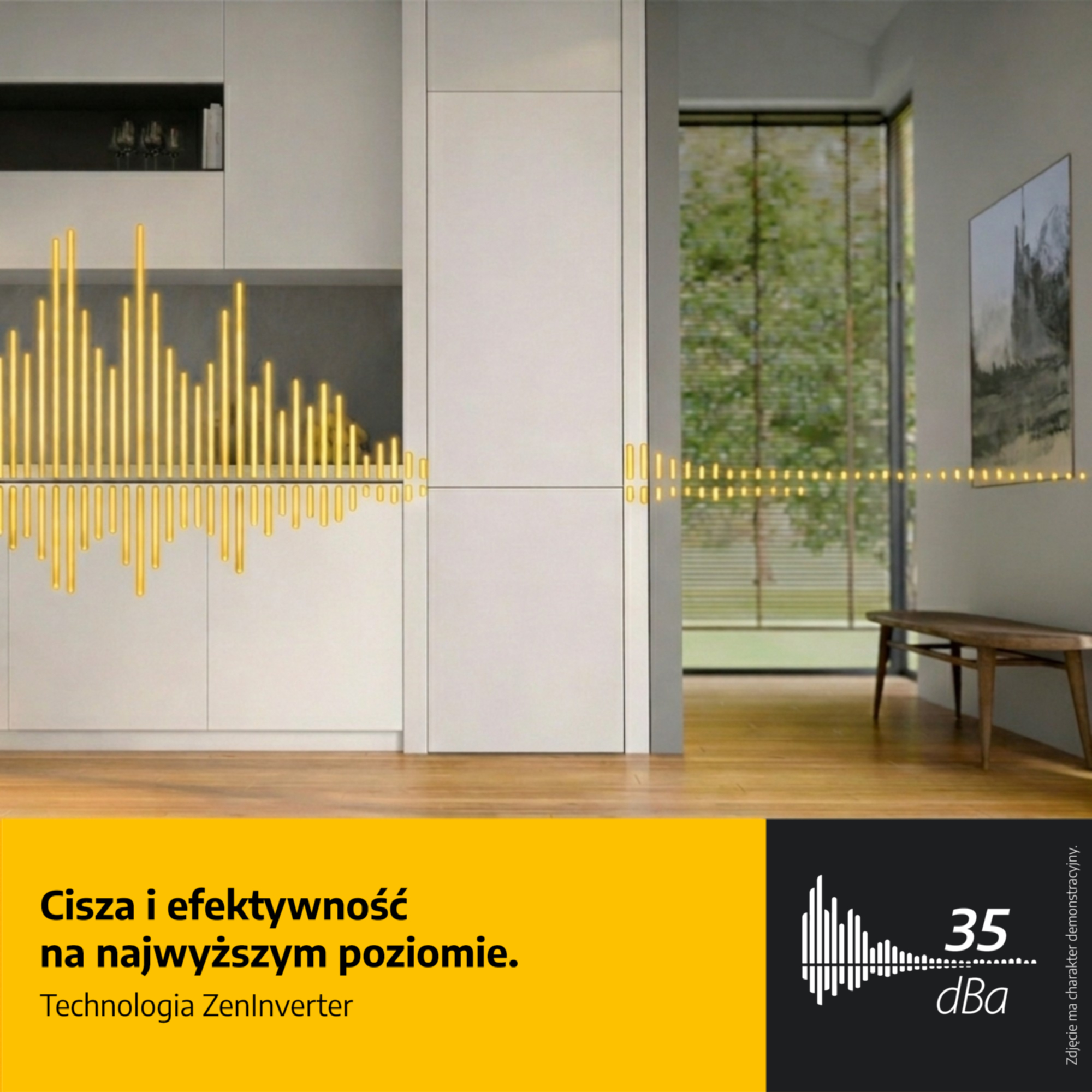 Nowoczesna kuchnia z żółtymi falami świetlnymi pokazującymi poziomy dźwięku. 35 dBa.