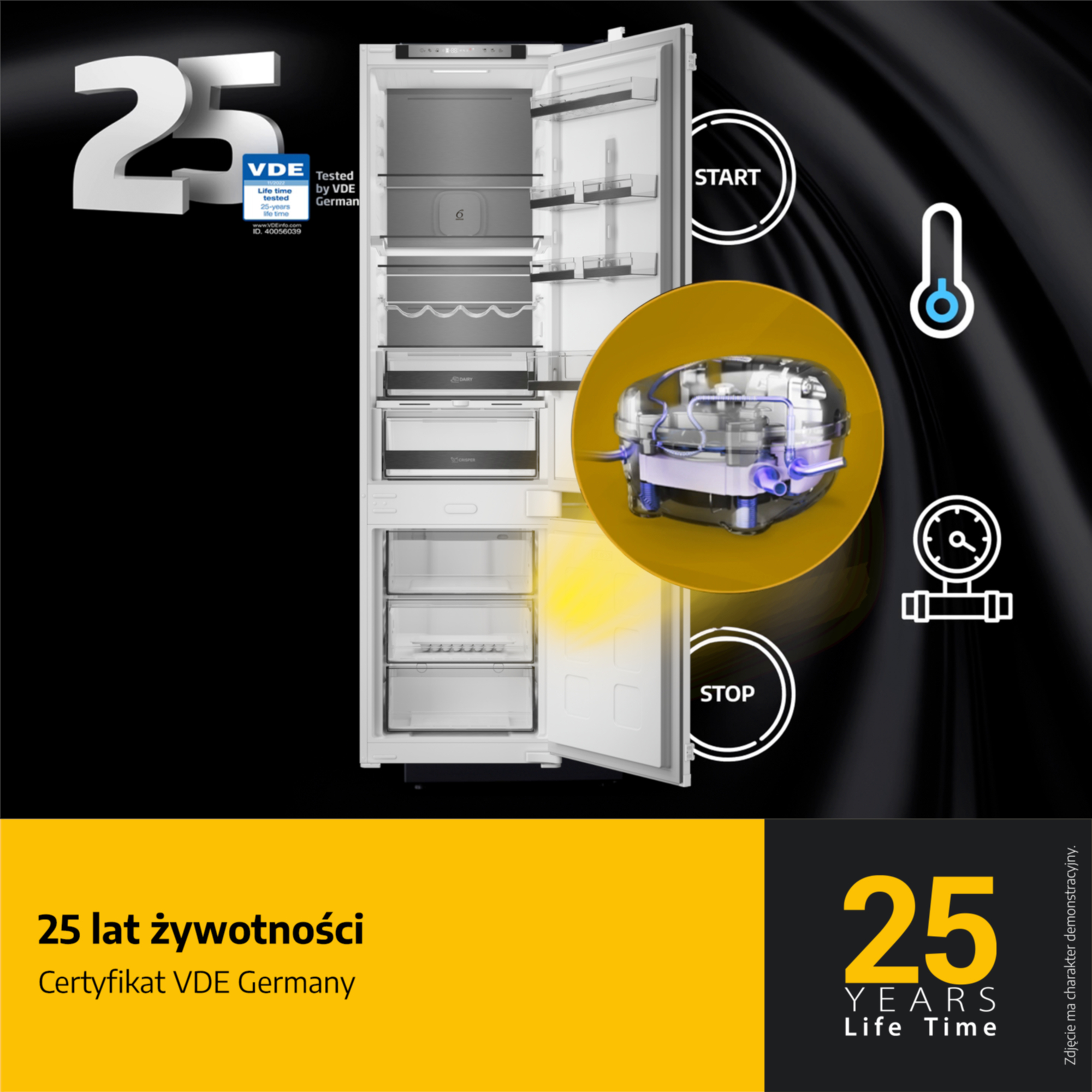 Otwarta lodówka z 25-letnią certyfikacją VDE i ikonami technicznymi.
