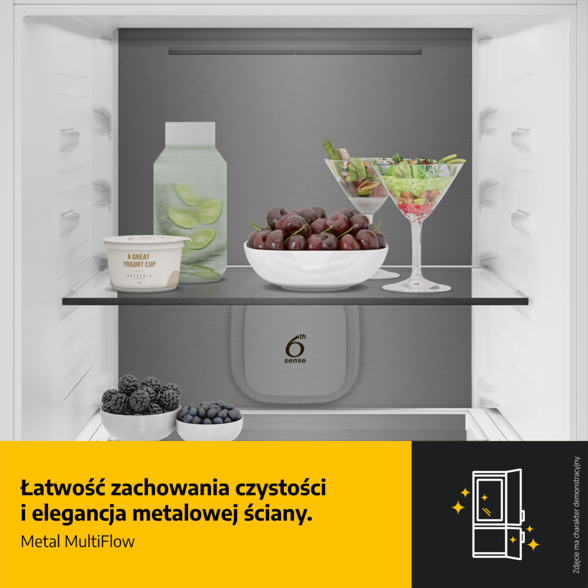 Półka lodówki z owocami, jogurtem i napojem. Logo 6th Sense.