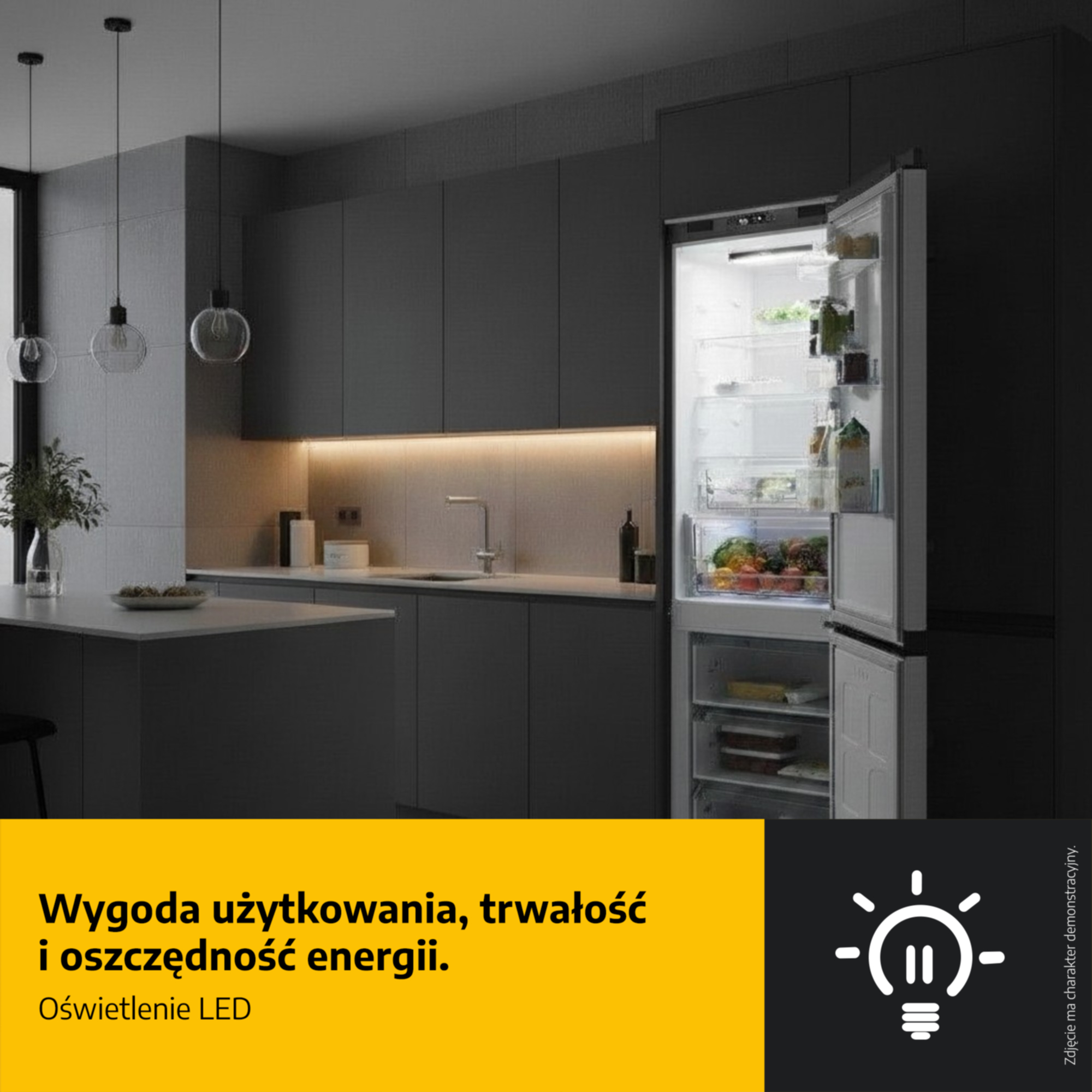 Nowoczesna kuchnia z otwartą lodówką i lampami wiszącymi. Żółty pasek na dole.