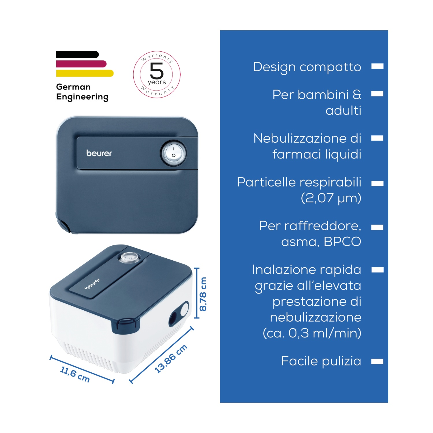 Nebulizzatore blu e bianco con dettagli German Engineering e garanzia 5 anni.