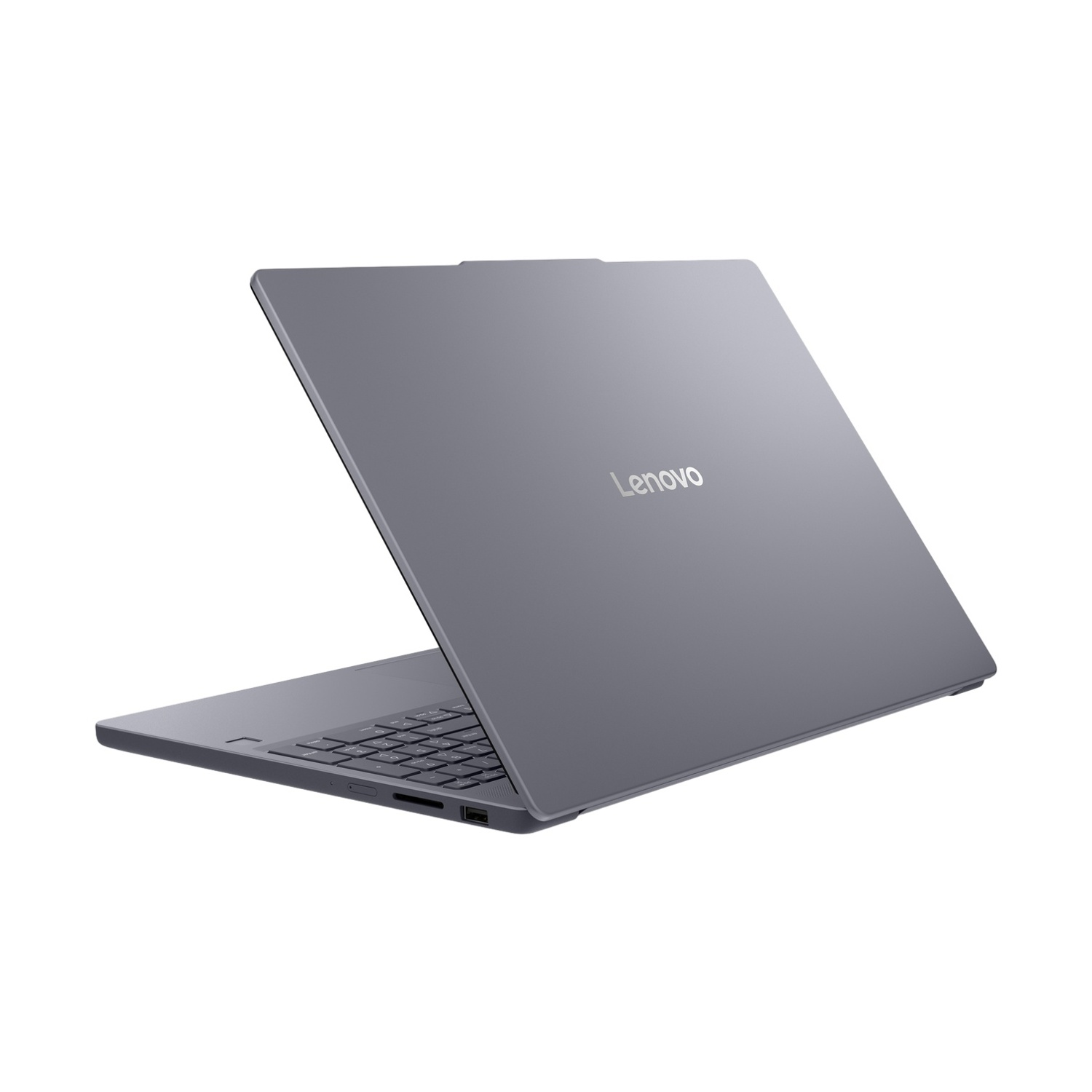 Laptop Lenovo grigio, parzialmente aperto, con tastiera e porte visibili.