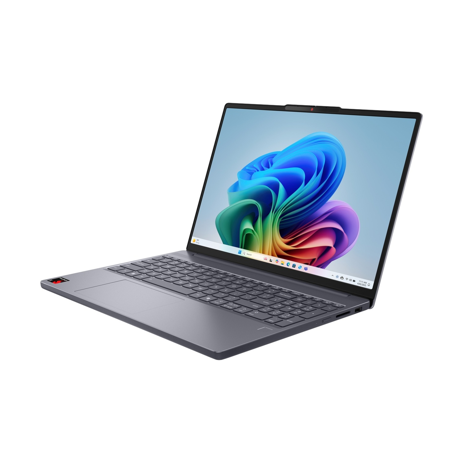 Un laptop grigio ed elegante con schermo acceso che mostra uno sfondo astratto colorato.