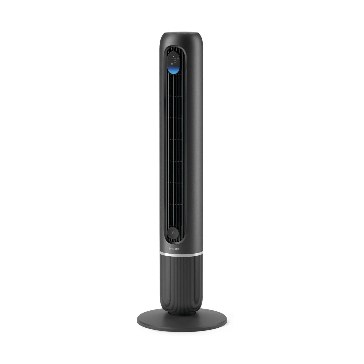 Un ventilatore a torre scuro ed elegante con display digitale si erge su una base rotonda.