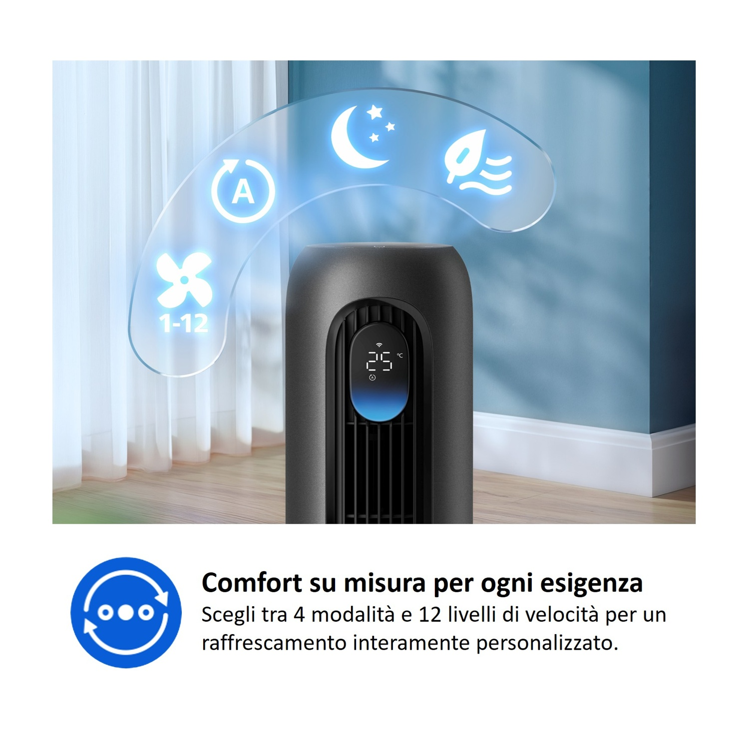 Purificatore d'aria nero con icone di ventola, auto, luna e foglia. Temp: 25°C.